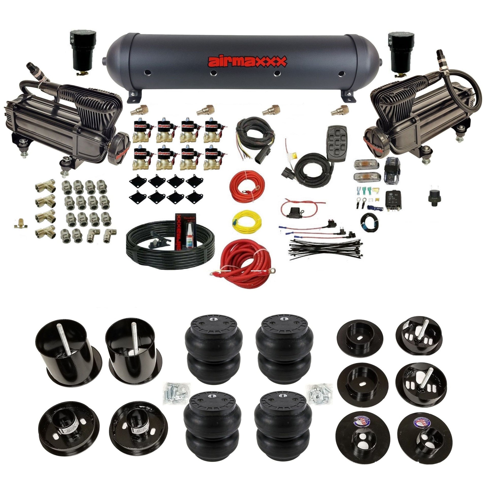 airmaxxx dual x-series compressors with 5 gallon aluminum air tank Slam bags and brackets for install KCAD65-XB2-838-59ABK-7BK-WK-HFSS7