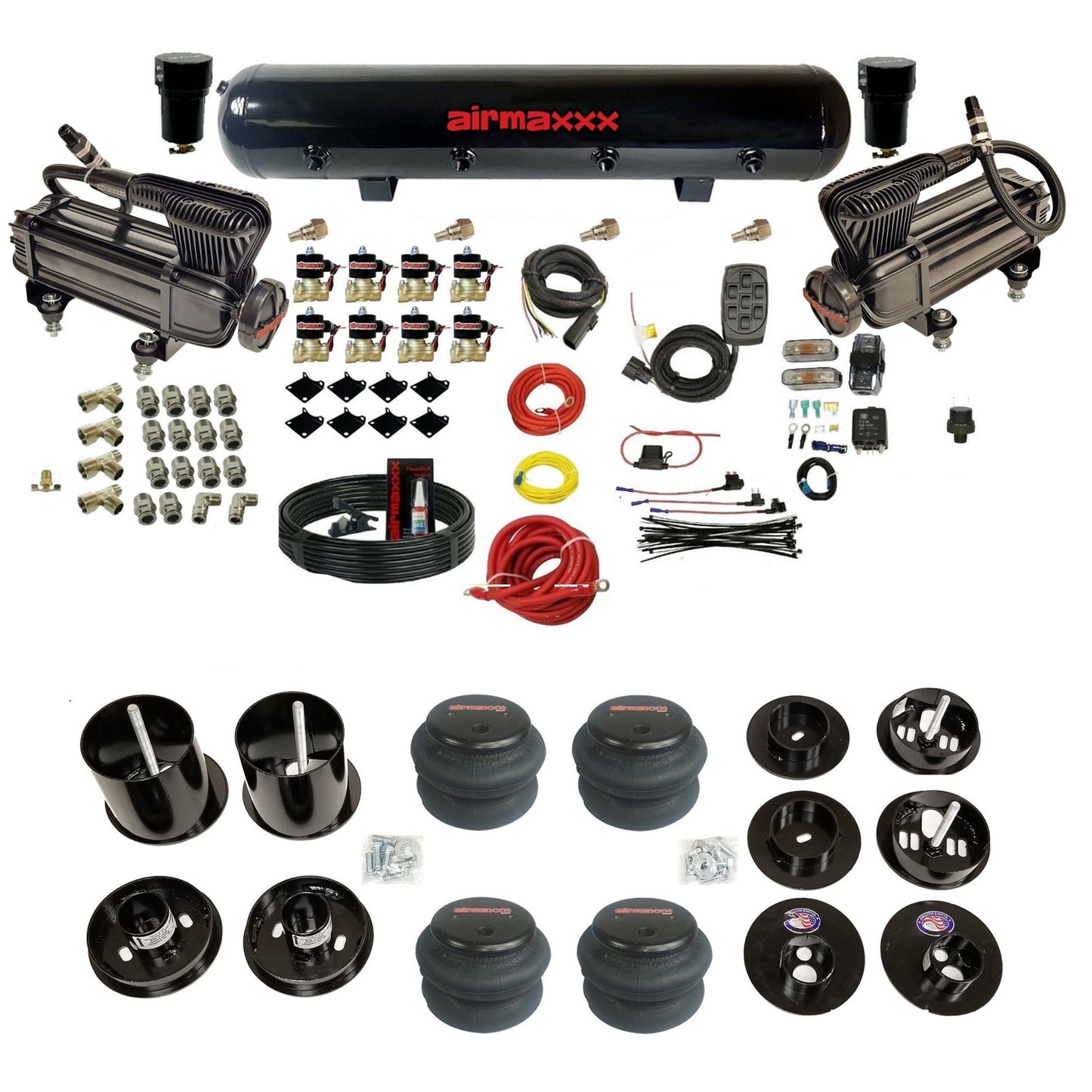 airmaxxx dual x-series compressors with 5 gallon steel air tank 2600 bags and brackets for install KCAD65-XB2-838-59S-7BK-WK-HF