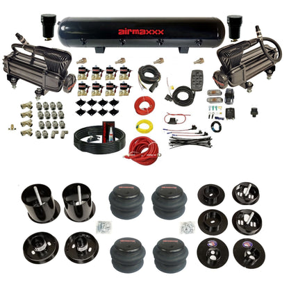 airmaxxx dual x-series compressors with 5 gallon steel air tank 2600 bags and brackets for install KCAD65-XB2-838-59S-7BK-WK-HF