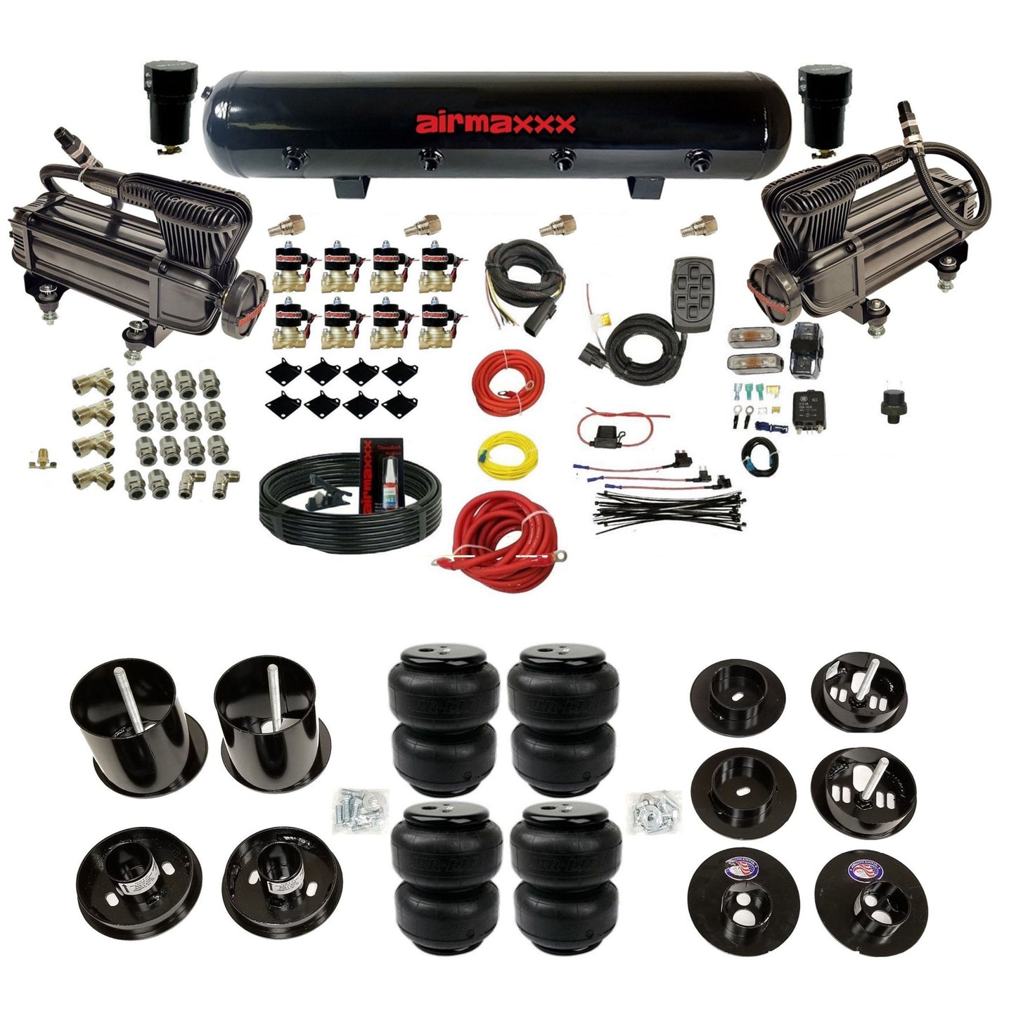 airmaxxx dual x-series compressors with 5 gallon steel air tank Air lift bags and brackets for install KCAD65-XB2-838-59S-7BK-WK-HFD25