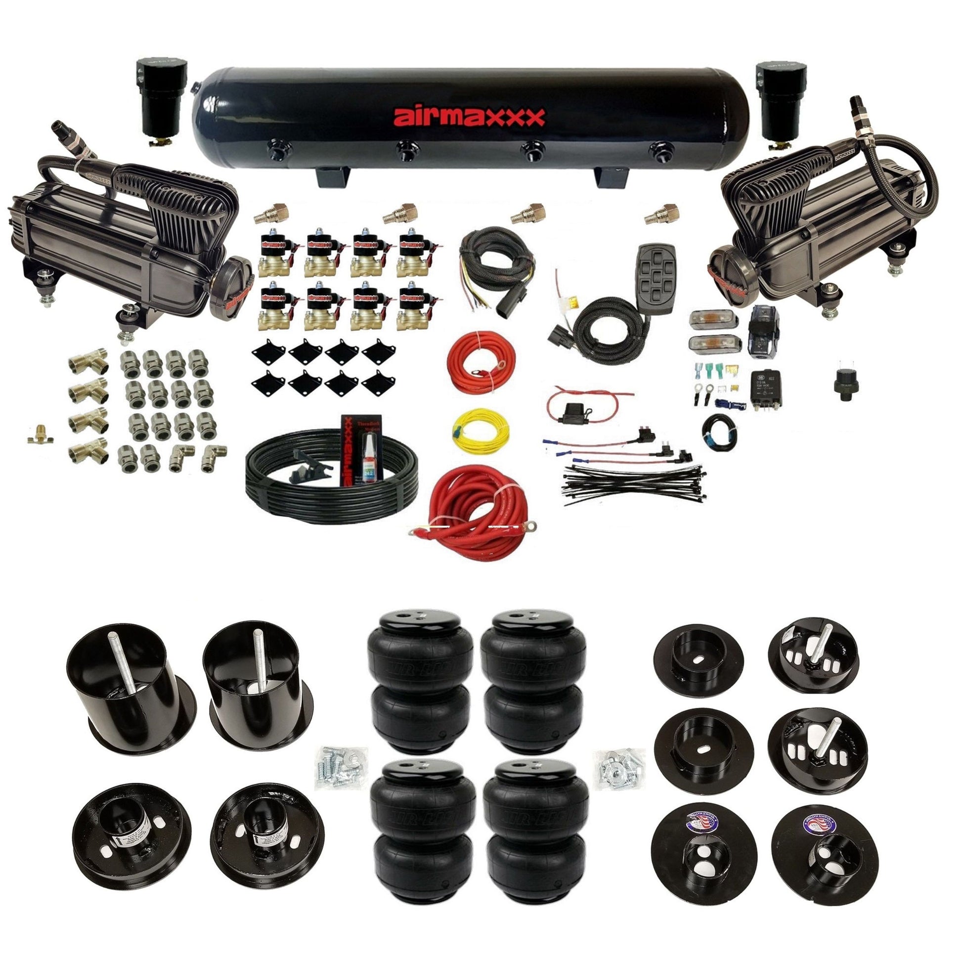 airmaxxx dual x-series compressors with 5 gallon steel air tank Air lift bags and brackets for install KCAD65-XB2-838-59S-7BK-WK-HFD25