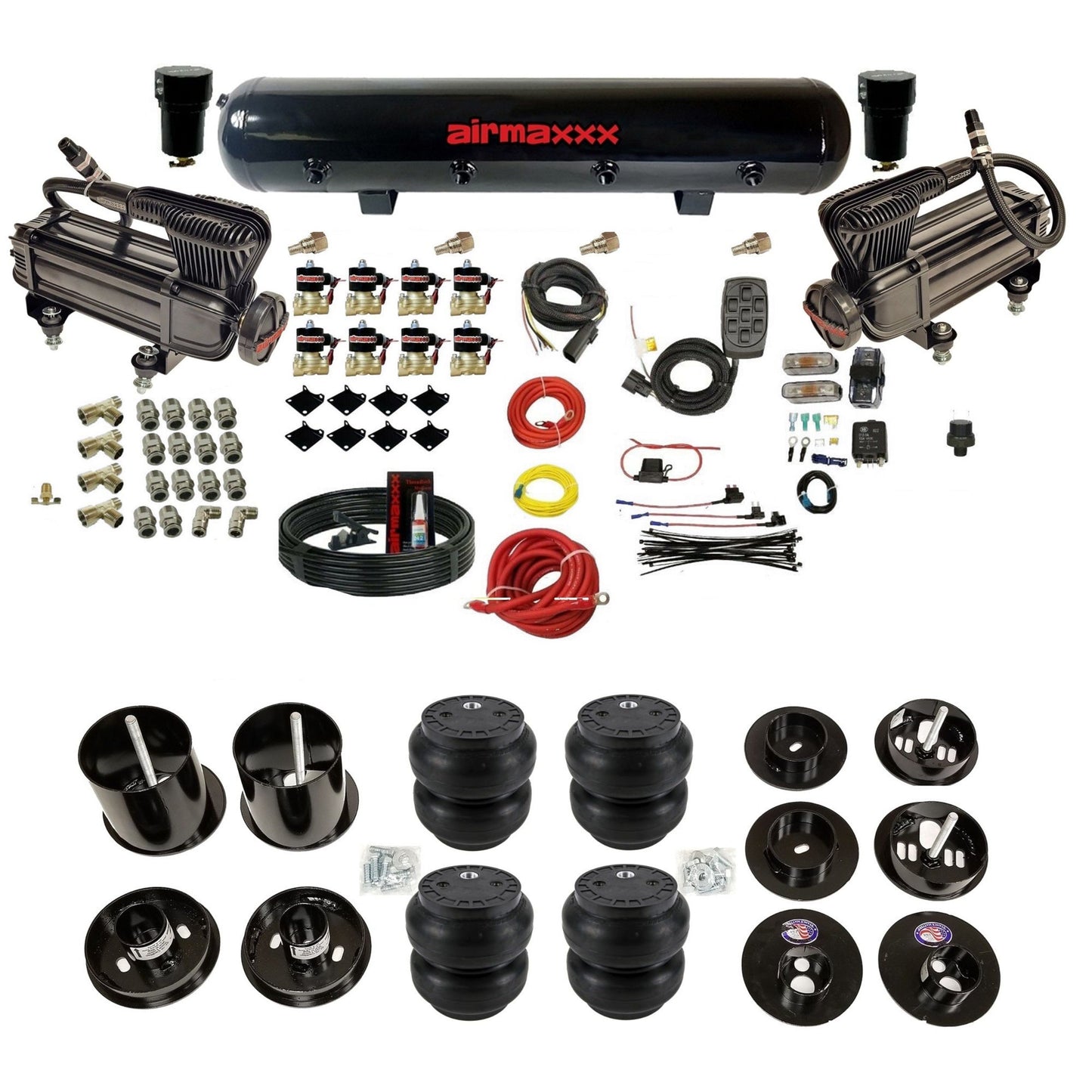 airmaxxx dual x-series compressors with 5 gallon steel air tank Slam bags and brackets for install KCAD65-XB2-838-59S-7BK-WK-HFSS7