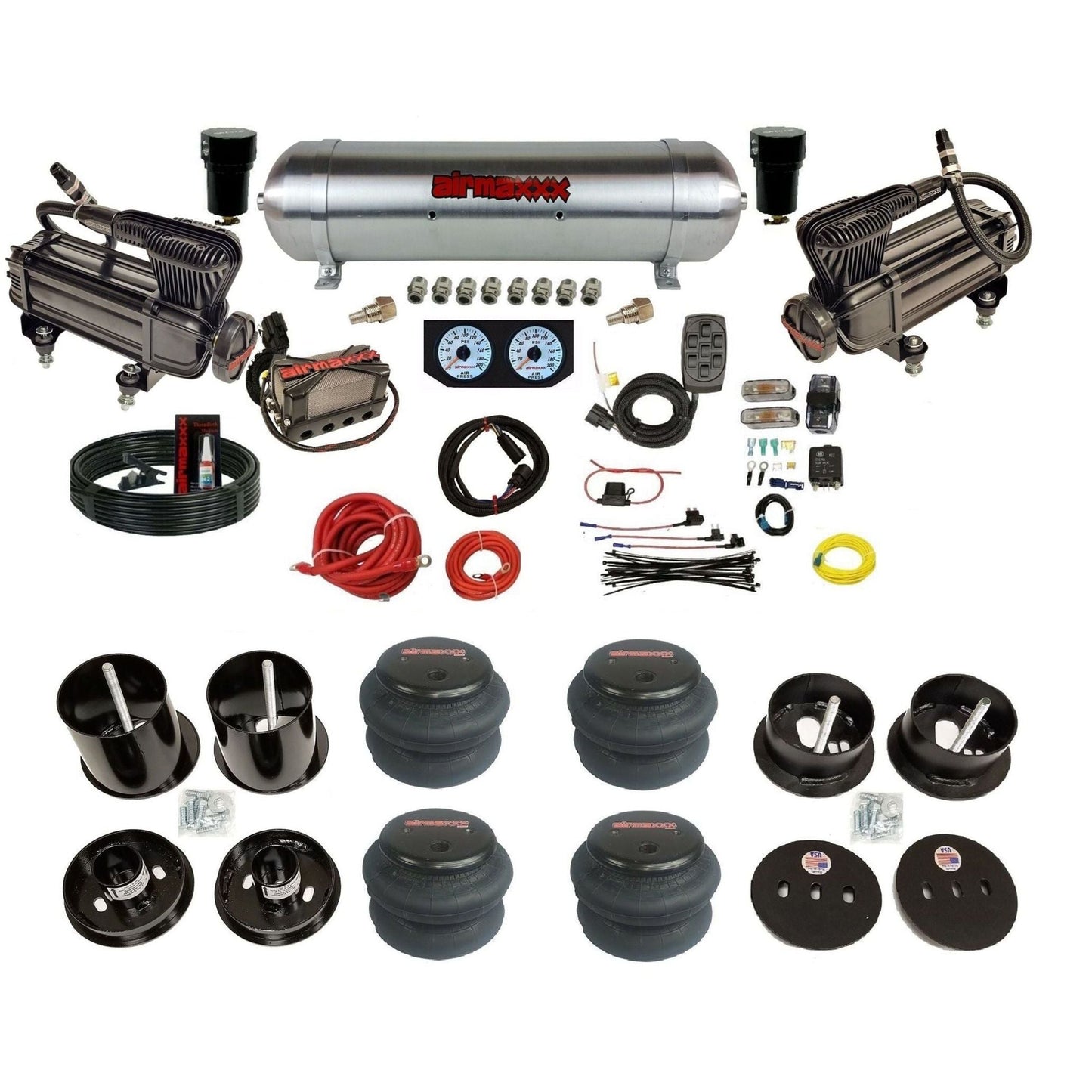 airmaxxx dual x-series compressors with aluminum tank and 2600 bags fits 1963-64 Cadillac air ride suspension kit KCAD63-XB2-57ARW-X4X7-WK-HF