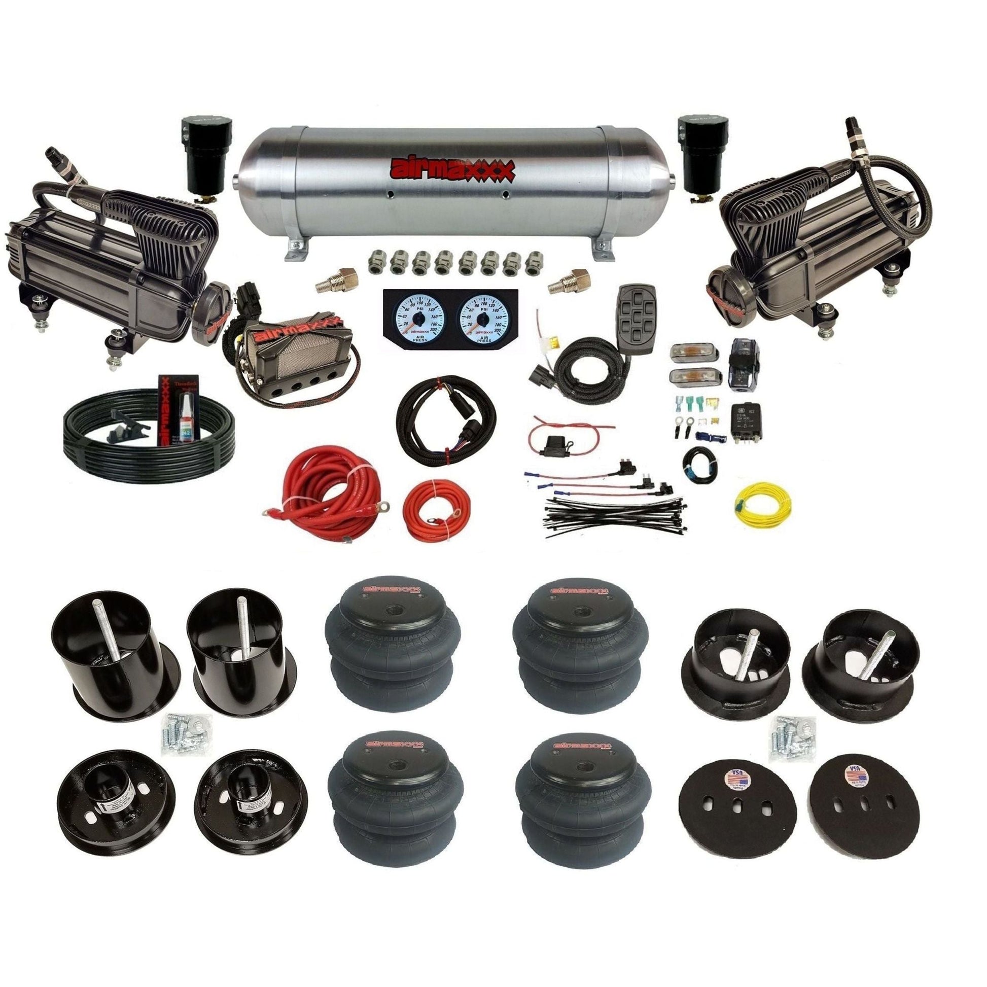 airmaxxx dual x-series compressors with aluminum tank and 2600 bags fits 1963-64 Cadillac air ride suspension kit KCAD63-XB2-57ARW-X4X7-WK-HF