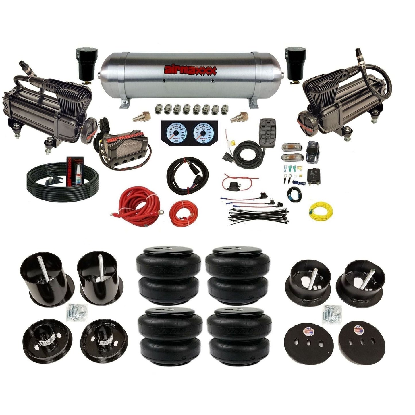 airmaxxx dual x-series compressors with aluminum tank and Air Lift bags fits 1963-64 Cadillac air ride suspension kit KCAD63-XB2-57ARW-X4X7-WK-HFD25