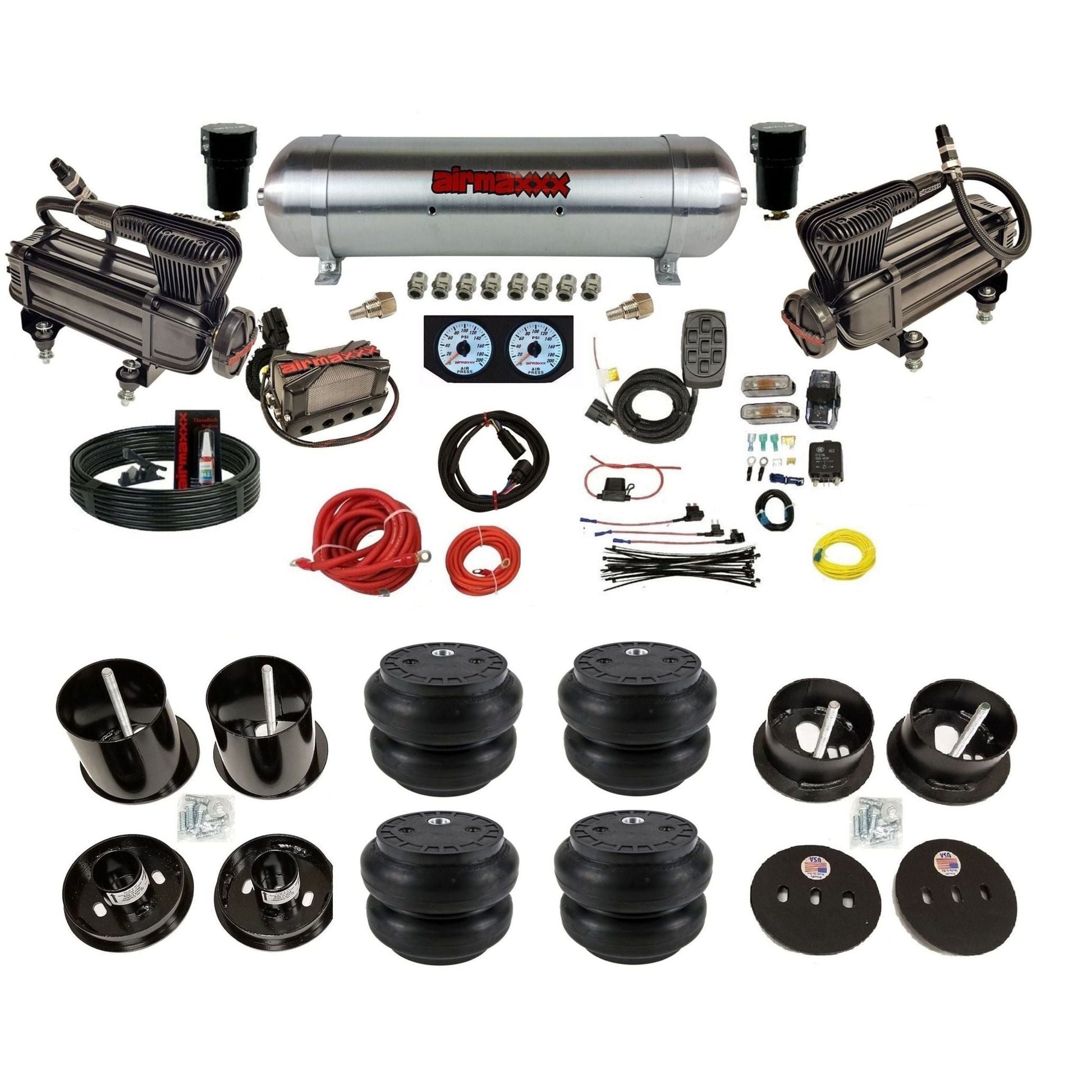 airmaxxx dual x-series compressors with aluminum tank and Slam bags fits 1963-64 Cadillac air ride suspension kit KCAD63-XB2-57ARW-X4X7-WK-HFSS7