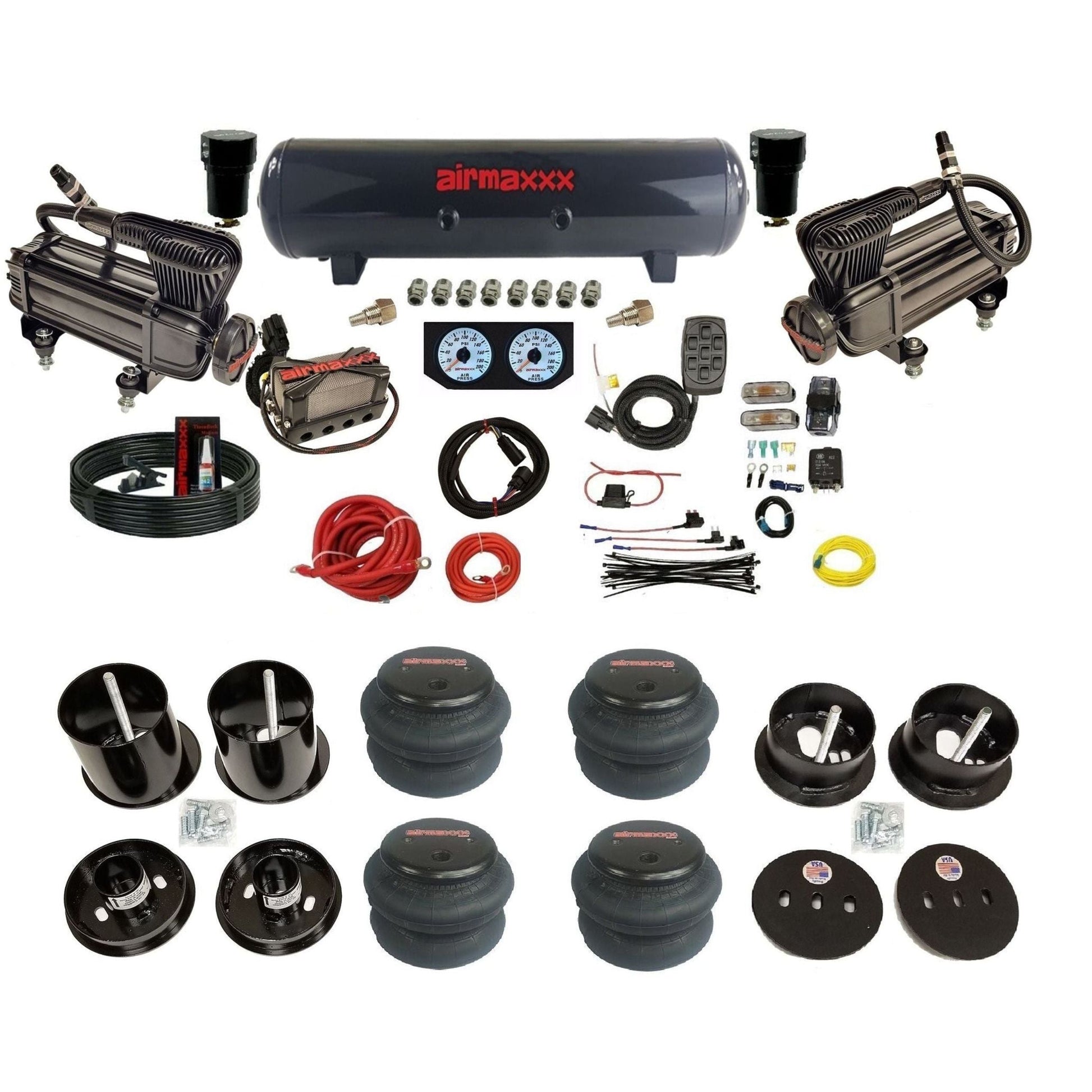 airmaxxx dual x-series compressors with steel tank and 2600 bags fits 1963-64 Cadillac air ride suspension kit KCAD63-XB2-57S-X4X7-WK-HF