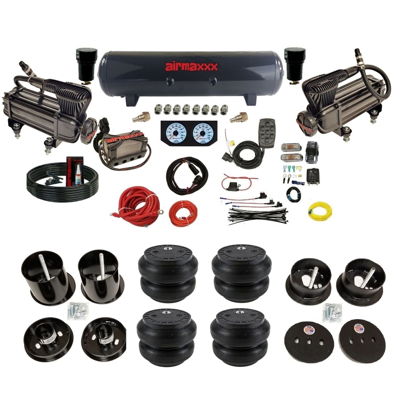 airmaxxx dual x-series compressors with steel tank and Slam bags fits 1963-64 Cadillac air ride suspension kit KCAD63-XB2-57S-X4X7-WK-HFSS7
