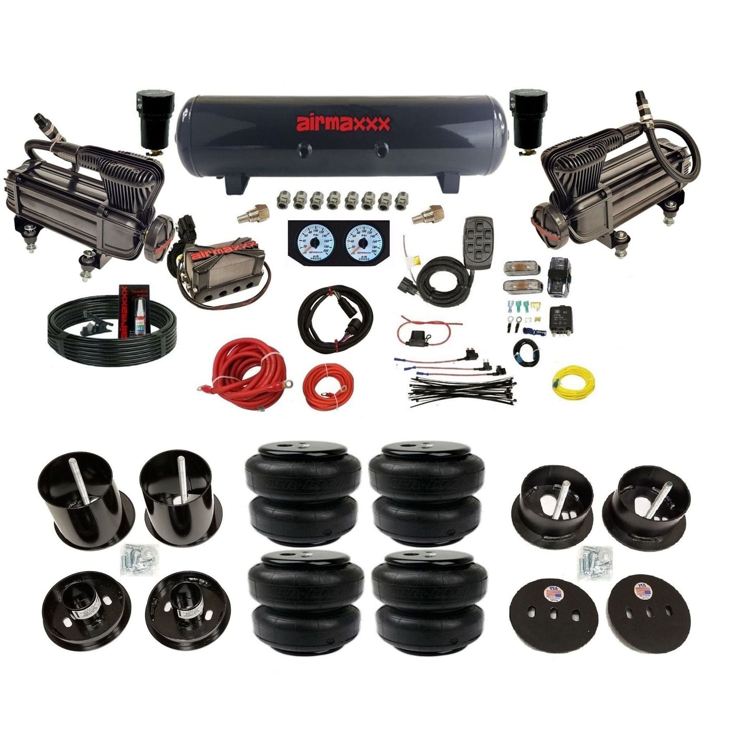 airmaxxx dual x-series compressors with steel tank and air lift bags fits 1963-64 Cadillac air ride suspension kit KCAD63-XB2-57S-X4X7-WK-HFD25