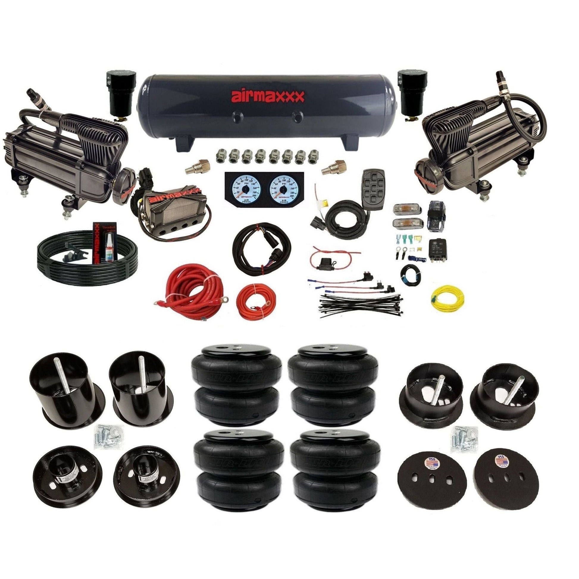airmaxxx dual x-series compressors with steel tank and air lift bags fits 1963-64 Cadillac air ride suspension kit KCAD63-XB2-57S-X4X7-WK-HFD25