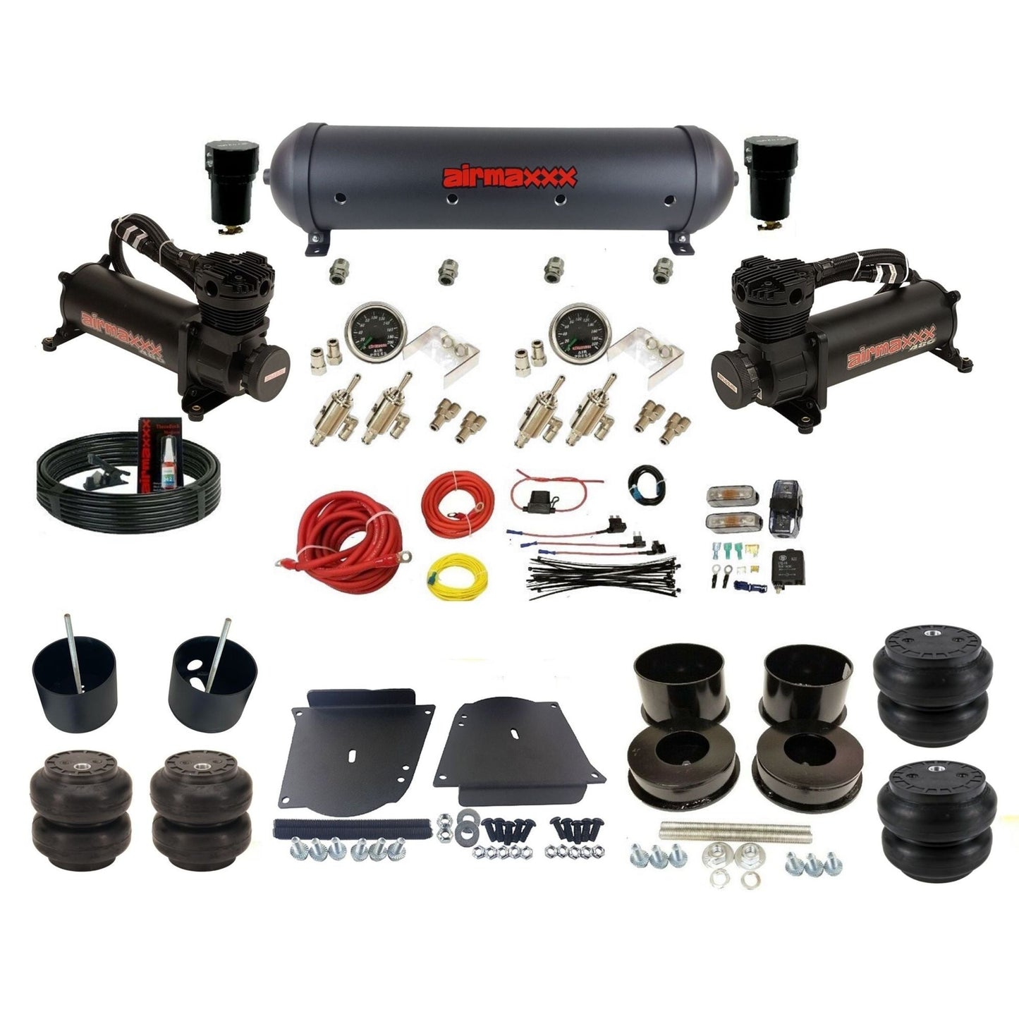 airmaxxx manual 3/8" air suspension kit 480 black air compressors black aluminum tank Slam air bags & brackets fits 1964-72 GM A-Body KABDY-480B2-59ABK-4TOG2GA2B-WK-HFSS6SS7