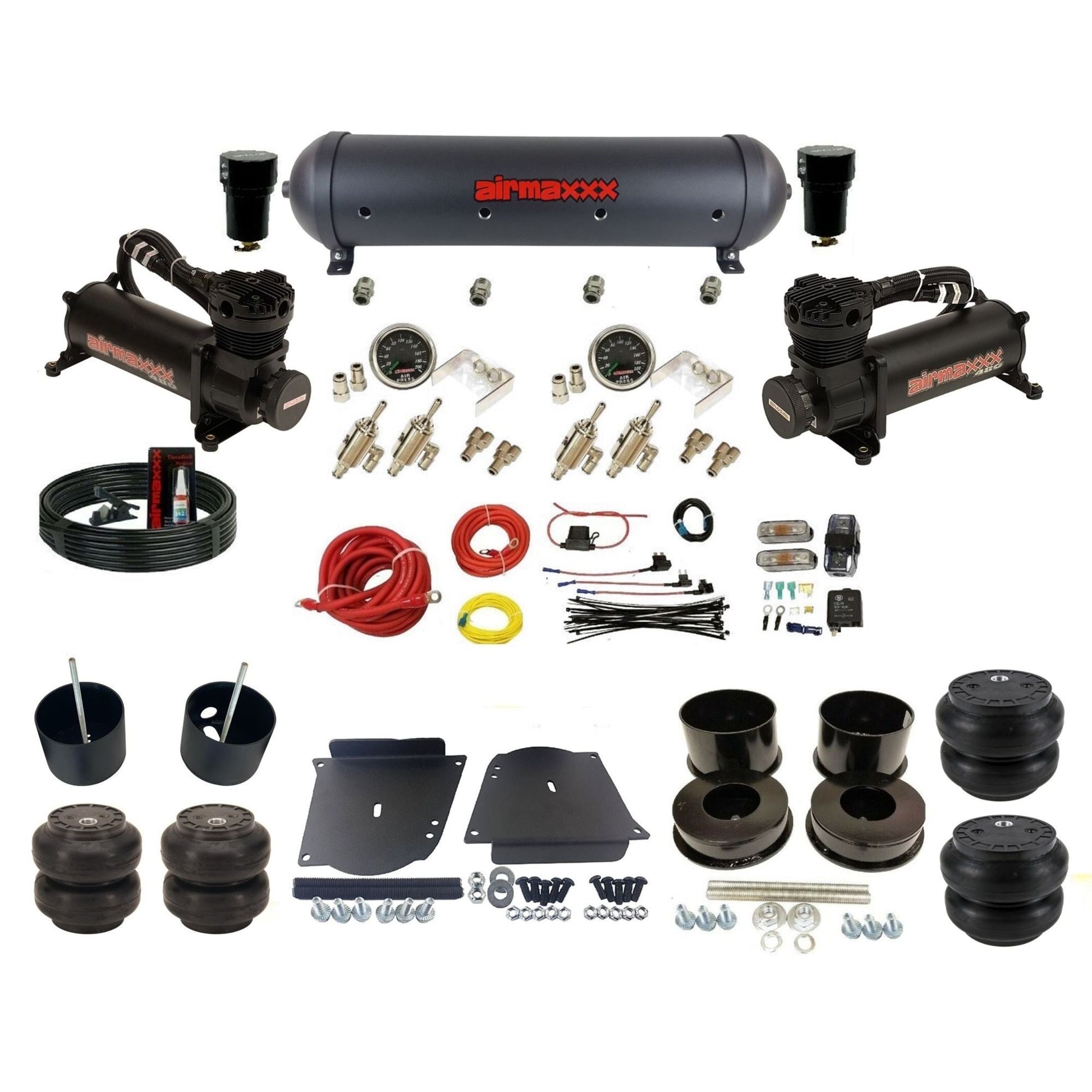 airmaxxx manual 3/8" air suspension kit 480 black air compressors black aluminum tank Slam air bags & brackets fits 1964-72 GM A-Body KABDY-480B2-59ABK-4TOG2GA2B-WK-HFSS6SS7