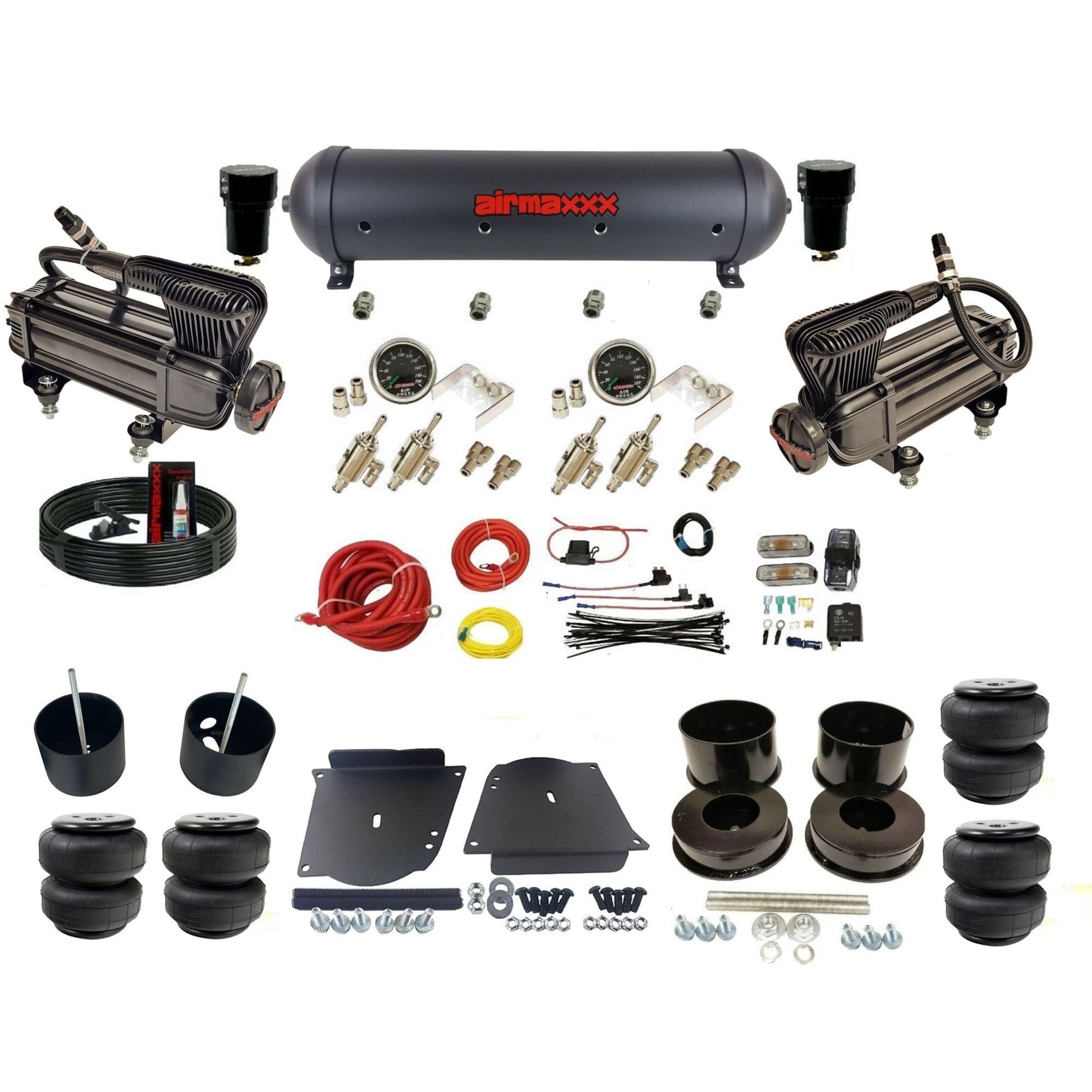 airmaxxx manual 3/8" air suspension kit X-series air compressors black aluminum tank Air Lift air bags & brackets fits 1964-72 GM A-Body KABDY-XB2-59ABK-4TOG2GA2B-WK-HFD25