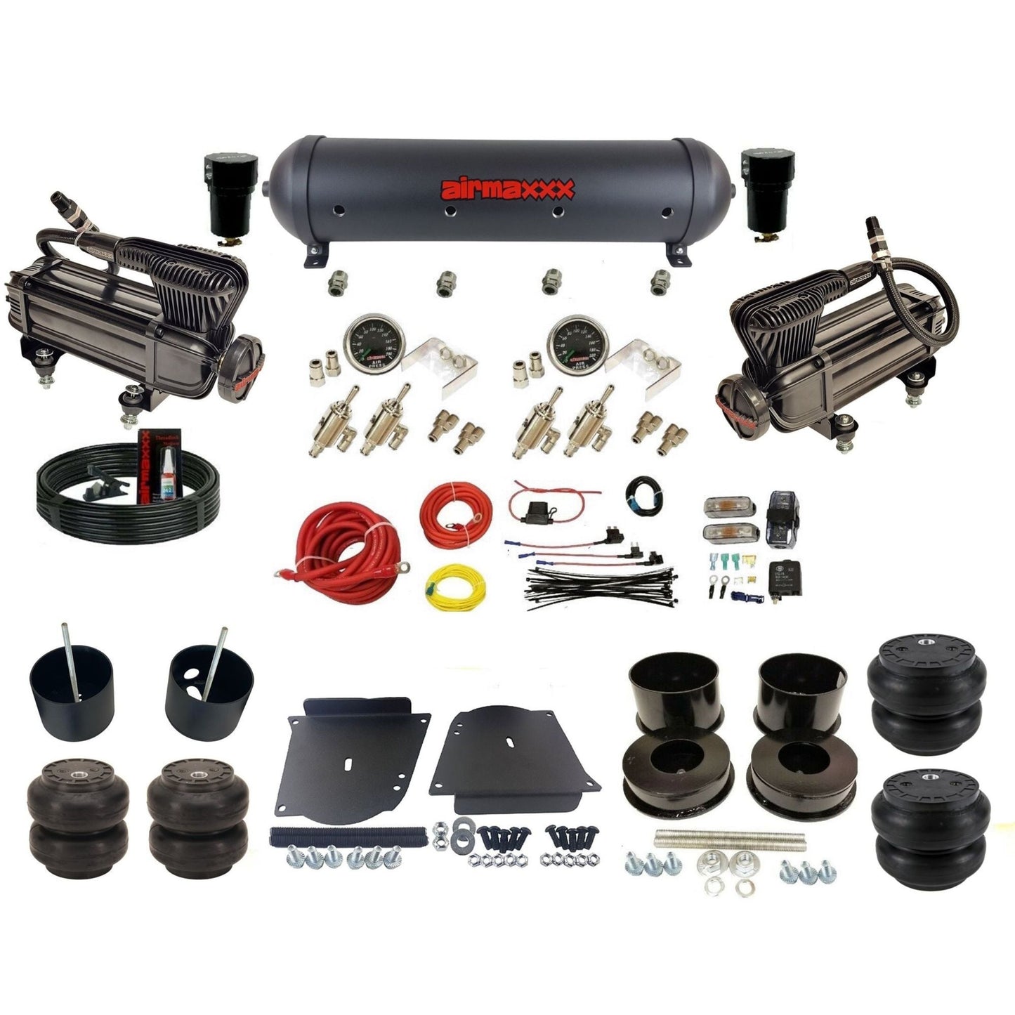 airmaxxx manual 3/8" air suspension kit X-series air compressors black aluminum tank Slam air bags & brackets fits 1964-72 GM A-Body KABDY-XB2-59ABK-4TOG2GA2B-WK-HFSS6SS7
