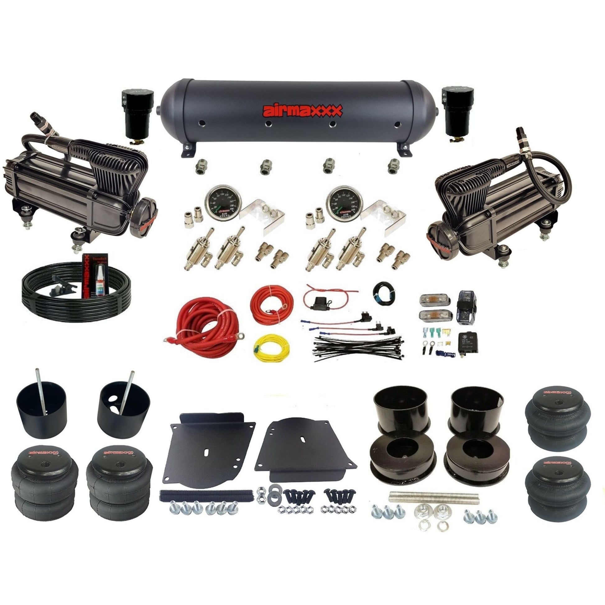 airmaxxx manual 3/8" air suspension kit X-series air compressors black aluminum tank air bags & brackets fits 1964-72 GM A-Body KABDY-XB2-59ABK-4TOG2GA2B-WK-HF