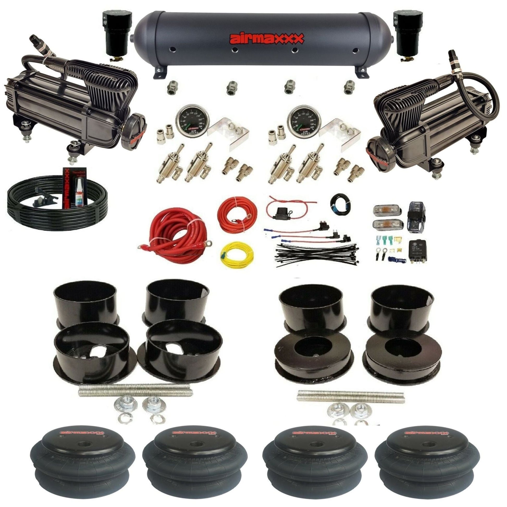 airmaxxx manual 3/8" air suspension kit X-series compressors black aluminum tank 2600 bags for 1971-96 GM B-Body KBBDY-XB2-59ABK-4TOG2GA2B-WK-HF