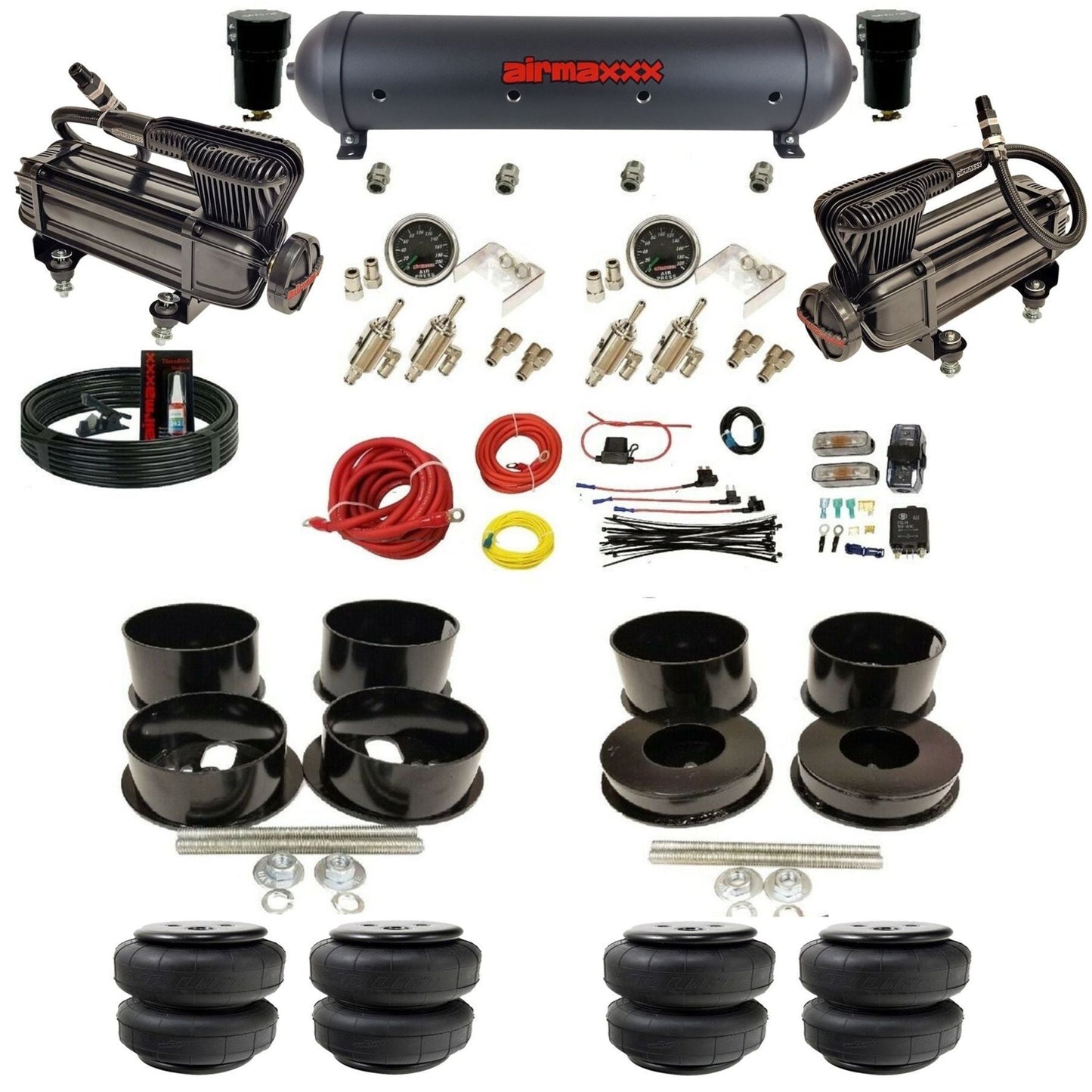 airmaxxx manual 3/8" air suspension kit X-series compressors black aluminum tank Air Lift bags for 1971-96 GM B-Body KBBDY-XB2-59ABK-4TOG2GA2B-WK-HFD25