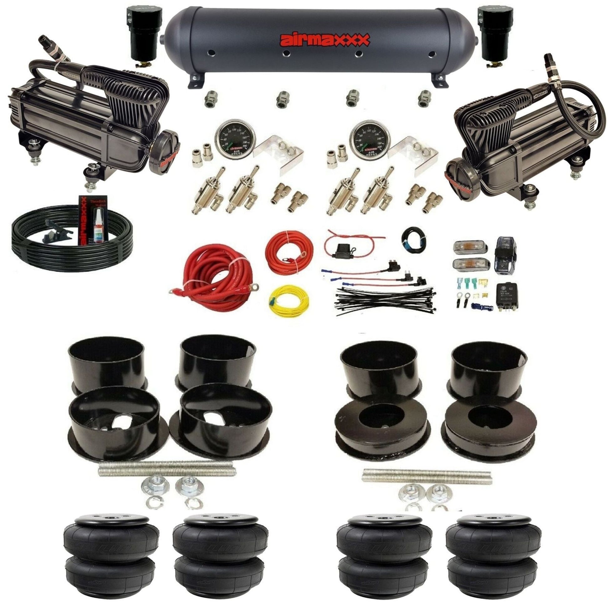 airmaxxx manual 3/8" air suspension kit X-series compressors black aluminum tank Air Lift bags for 1971-96 GM B-Body KBBDY-XB2-59ABK-4TOG2GA2B-WK-HFD25