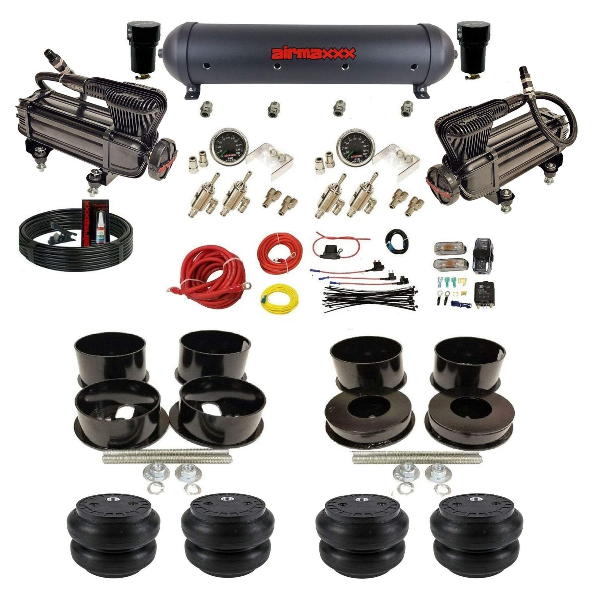 airmaxxx manual 3/8" air suspension kit X-series compressors black aluminum tank Slam bags for 1971-96 GM B-Body KBBDY-XB2-59ABK-4TOG2GA2B-WK-HFSS7
