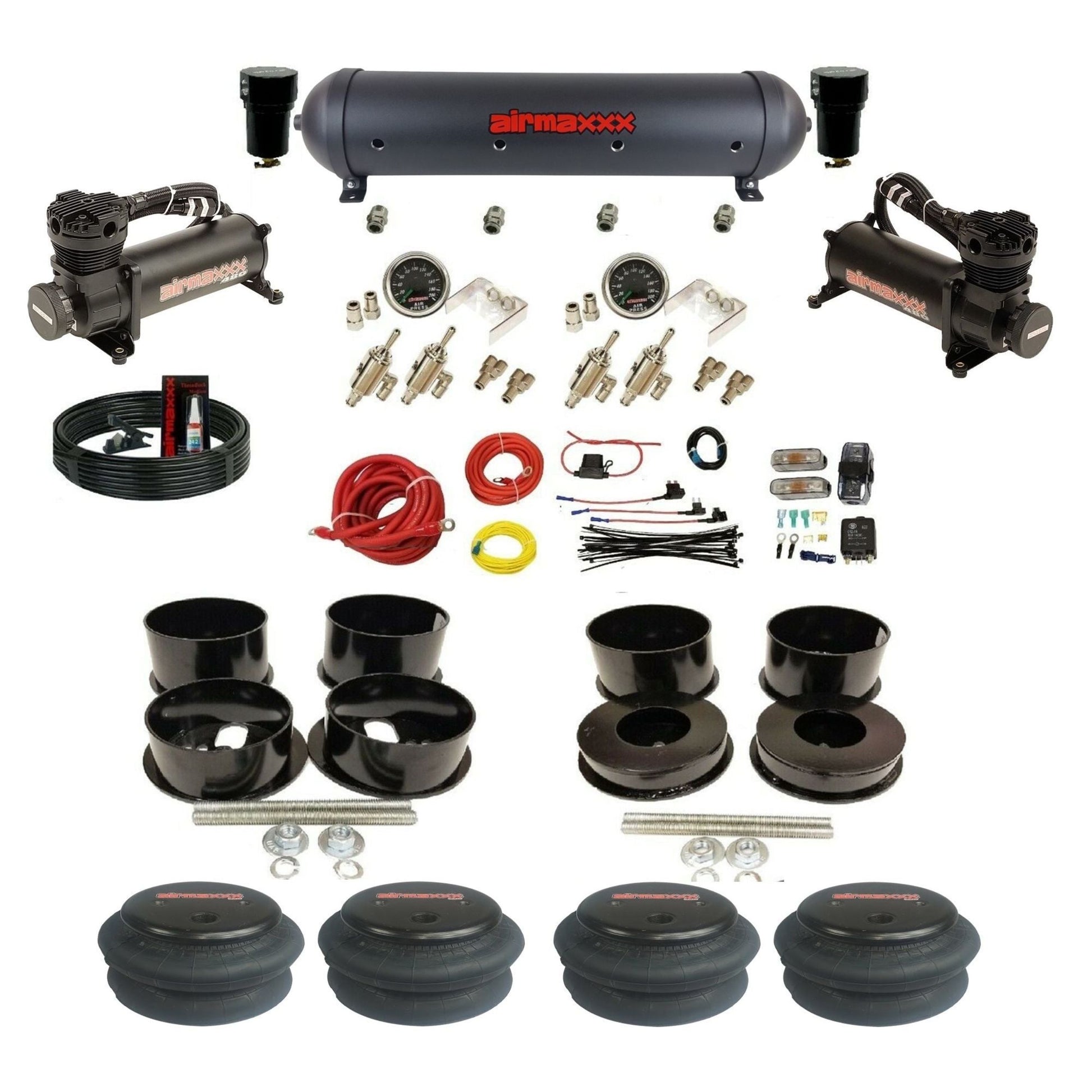 airmaxxx manual 3/8" air suspension kit black 480 compressors black aluminum tank 2600 bags for 1971-96 GM B-Body KBBDY-480B2-59ABK-4TOG2GA2B-WK-HF