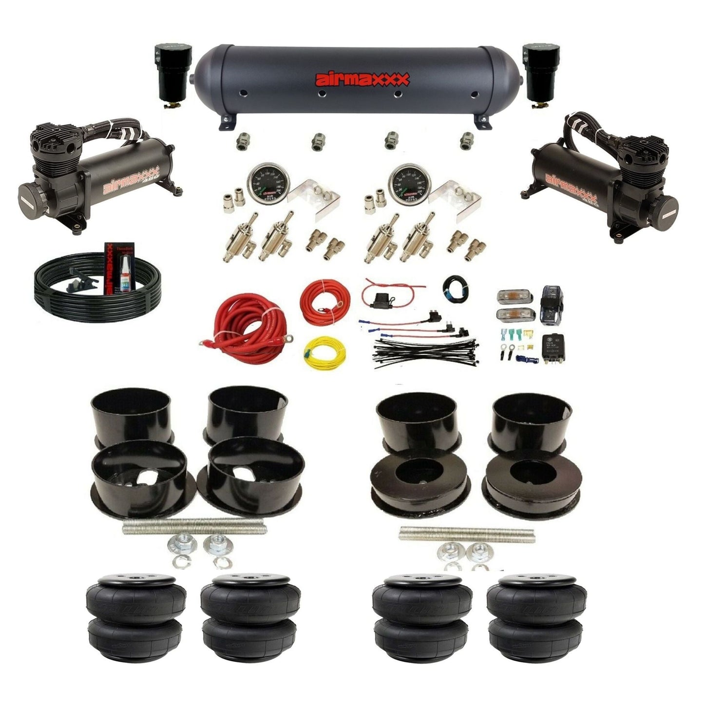 airmaxxx manual 3/8" air suspension kit black 480 compressors black aluminum tank Air Lift bags for 1971-96 GM B-Body KBBDY-480B2-59ABK-4TOG2GA2B-WK-HFD25