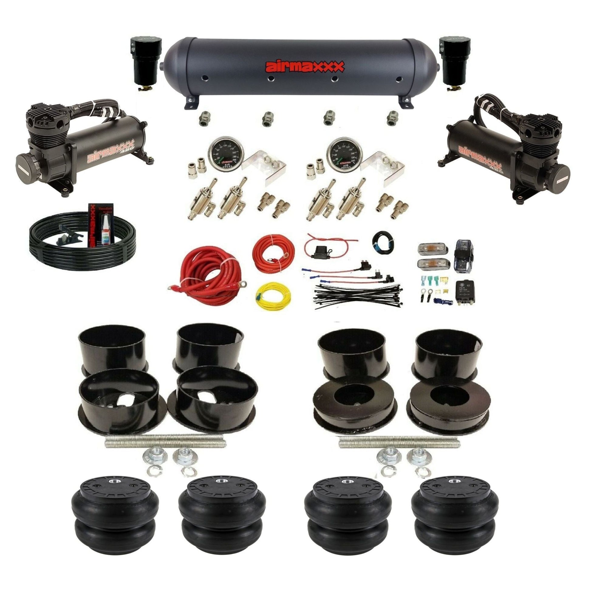 airmaxxx manual 3/8" air suspension kit black 480 compressors black aluminum tank Slam bags for 1971-96 GM B-Body KBBDY-480B2-59ABK-4TOG2GA2B-WK-HFSS7