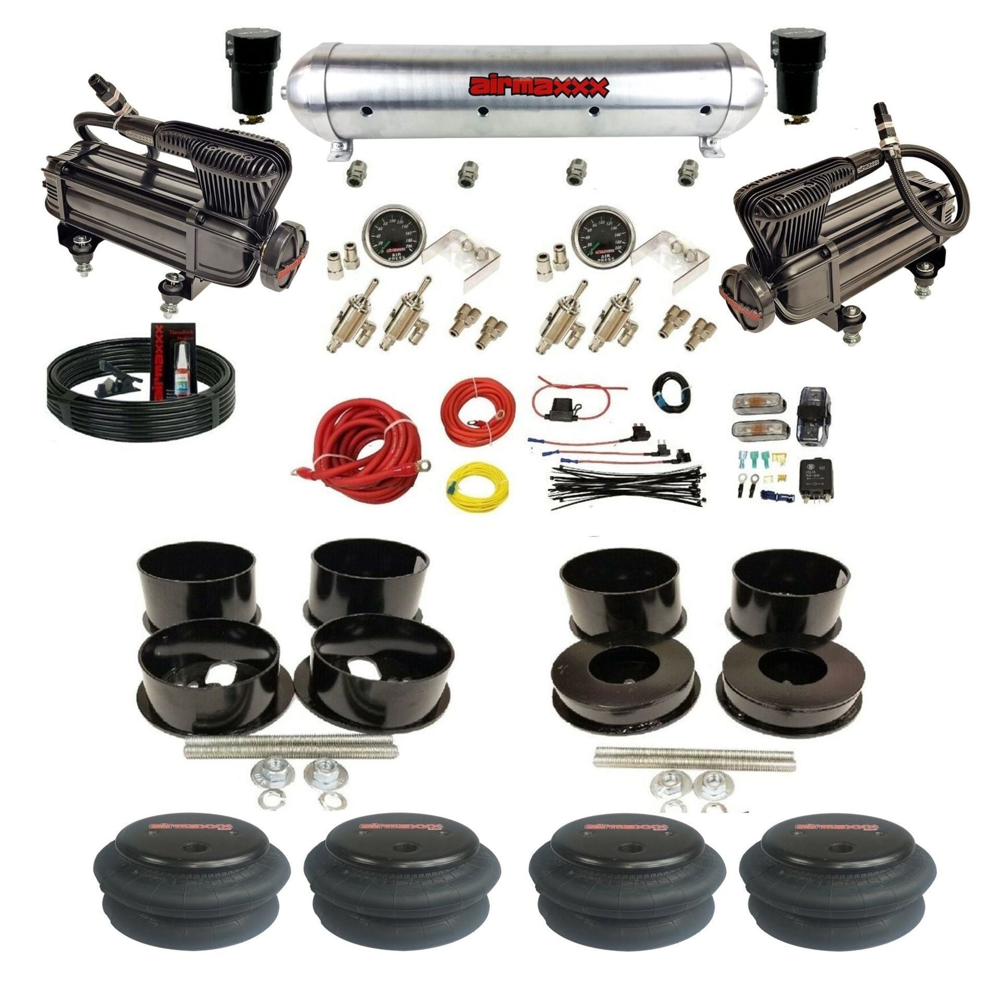 airmaxxx manual 3/8" suspension kit X-series compressors raw aluminum  air tank 2600 bags for 1971-96 GM B-Body KBBDY-XB2-59ARW-4TOG2GA2B-WK-HF