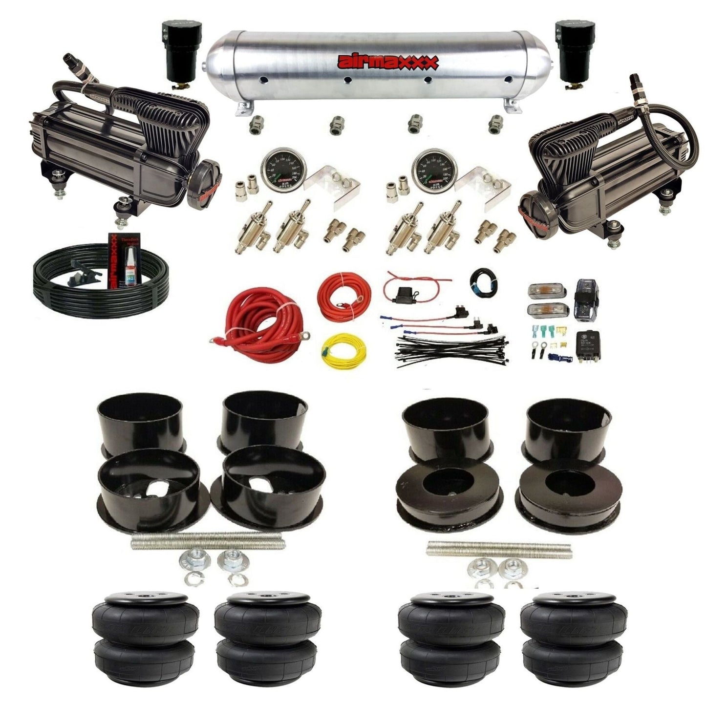 airmaxxx manual 3/8" suspension kit X-series compressors raw aluminum  air tank Air Lift bags for 1971-96 GM B-Body KBBDY-XB2-59ARW-4TOG2GA2B-WK-HFD25