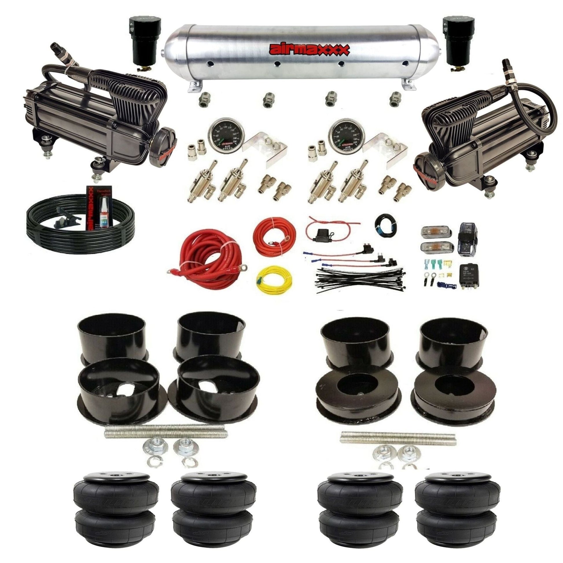 airmaxxx manual 3/8" suspension kit X-series compressors raw aluminum  air tank Air Lift bags for 1971-96 GM B-Body KBBDY-XB2-59ARW-4TOG2GA2B-WK-HFD25