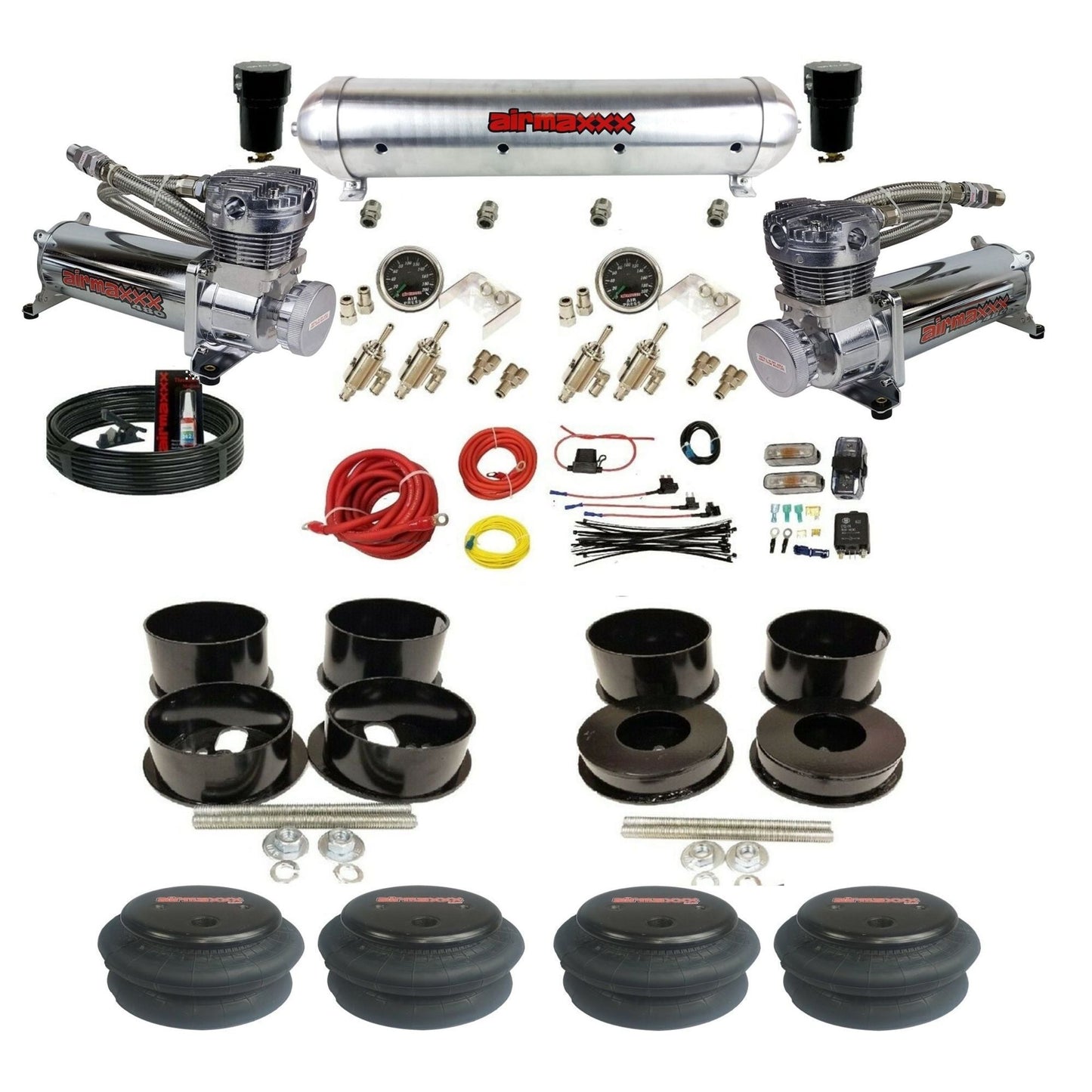 airmaxxx manual 3/8" suspension kit chrome 480 compressors raw aluminum  air tank 2600 bags for 1971-96 GM B-Body KBBDY-480C2-59ARW-4TOG2GA2B-WK-HF