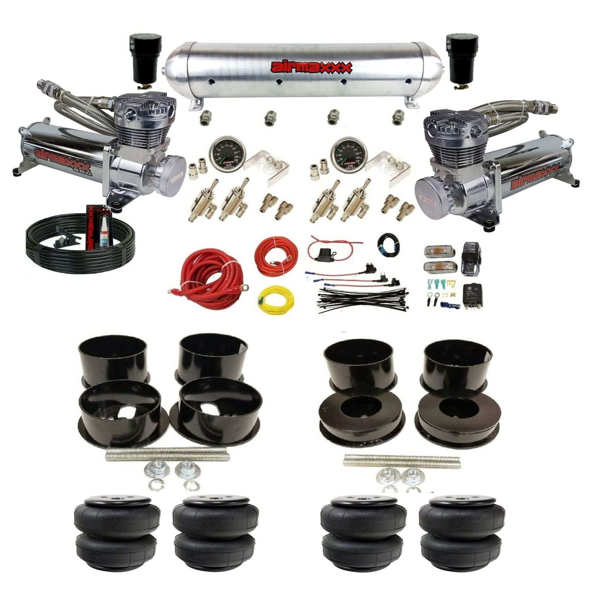 airmaxxx manual 3/8" suspension kit chrome 480 compressors raw aluminum  air tank Air Lift bags for 1971-96 GM B-Body KBBDY-480C2-59ARW-4TOG2GA2B-WK-HFD25