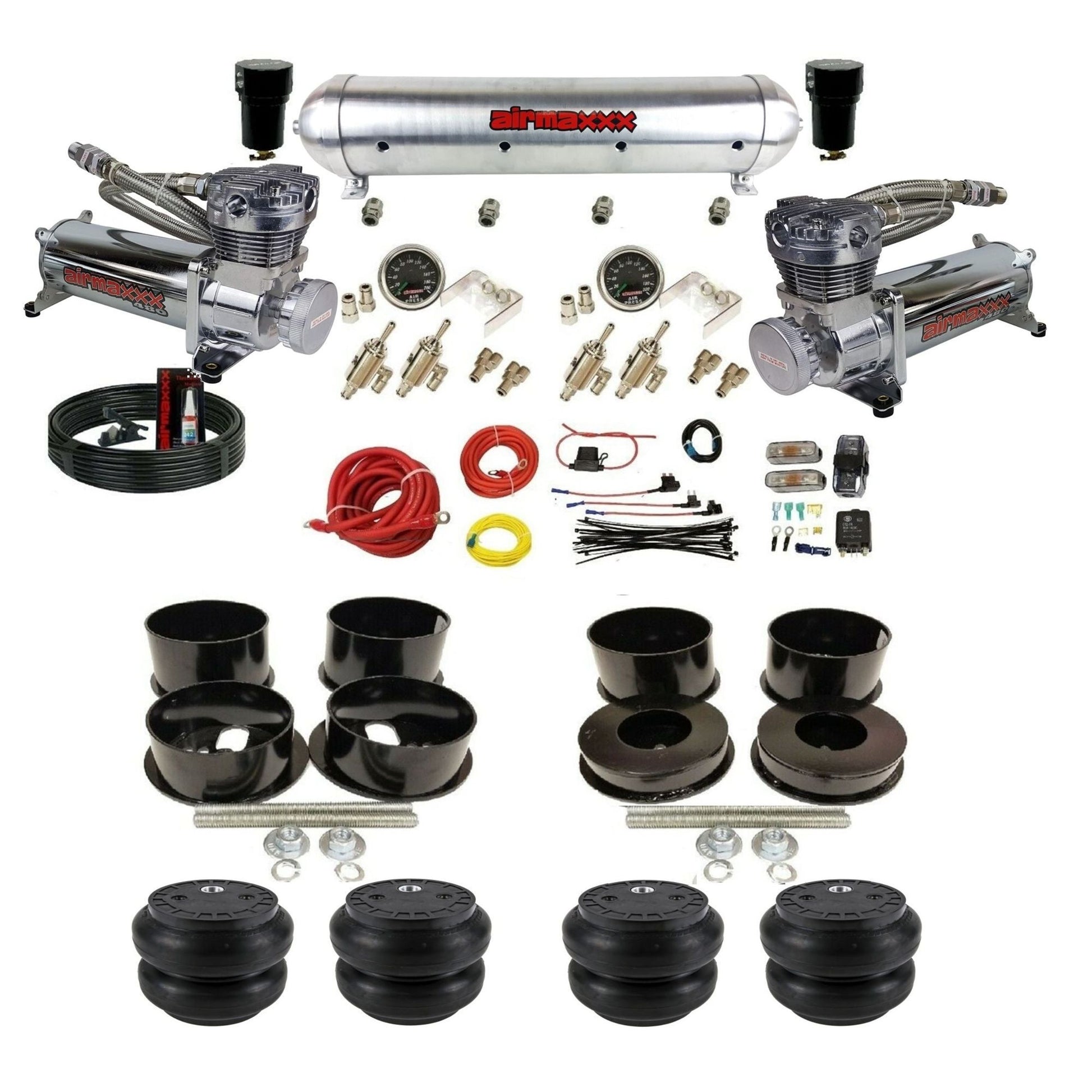 airmaxxx manual 3/8" suspension kit chrome 480 compressors raw aluminum  air tank Slam bags for 1971-96 GM B-Body KBBDY-480C2-59ARW-4TOG2GA2B-WK-HFSS7