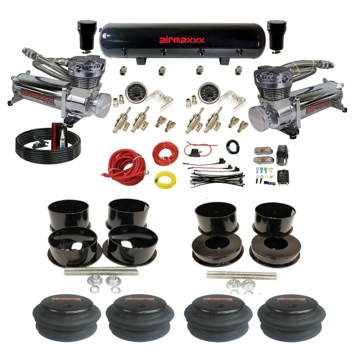 airmaxxx manual 3/8" suspension kit chrome 480 compressors steel air tank 2600 bags for 1971-96 GM B-Body KBBDY-480C2-59S-4TOG2GA2B-WK-HF