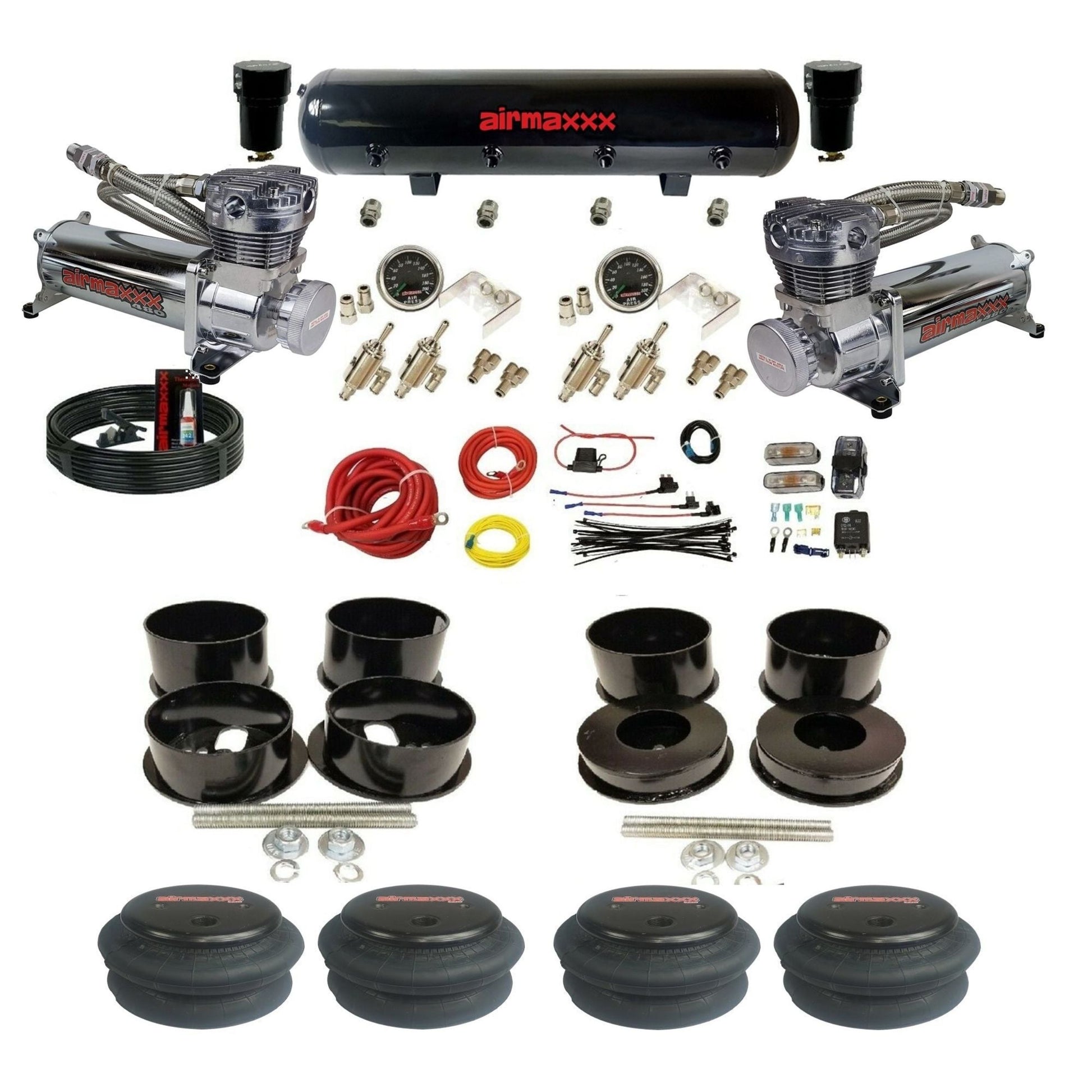 airmaxxx manual 3/8" suspension kit chrome 480 compressors steel air tank 2600 bags for 1971-96 GM B-Body KBBDY-480C2-59S-4TOG2GA2B-WK-HF