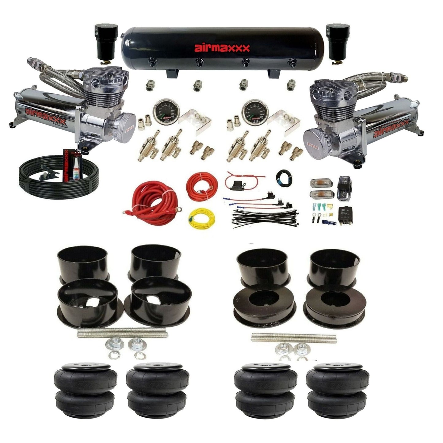 airmaxxx manual 3/8" suspension kit chrome 480 compressors steel air tank Air Lift bags for 1971-96 GM B-Body KBBDY-480C2-59S-4TOG2GA2B-WK-HFD25