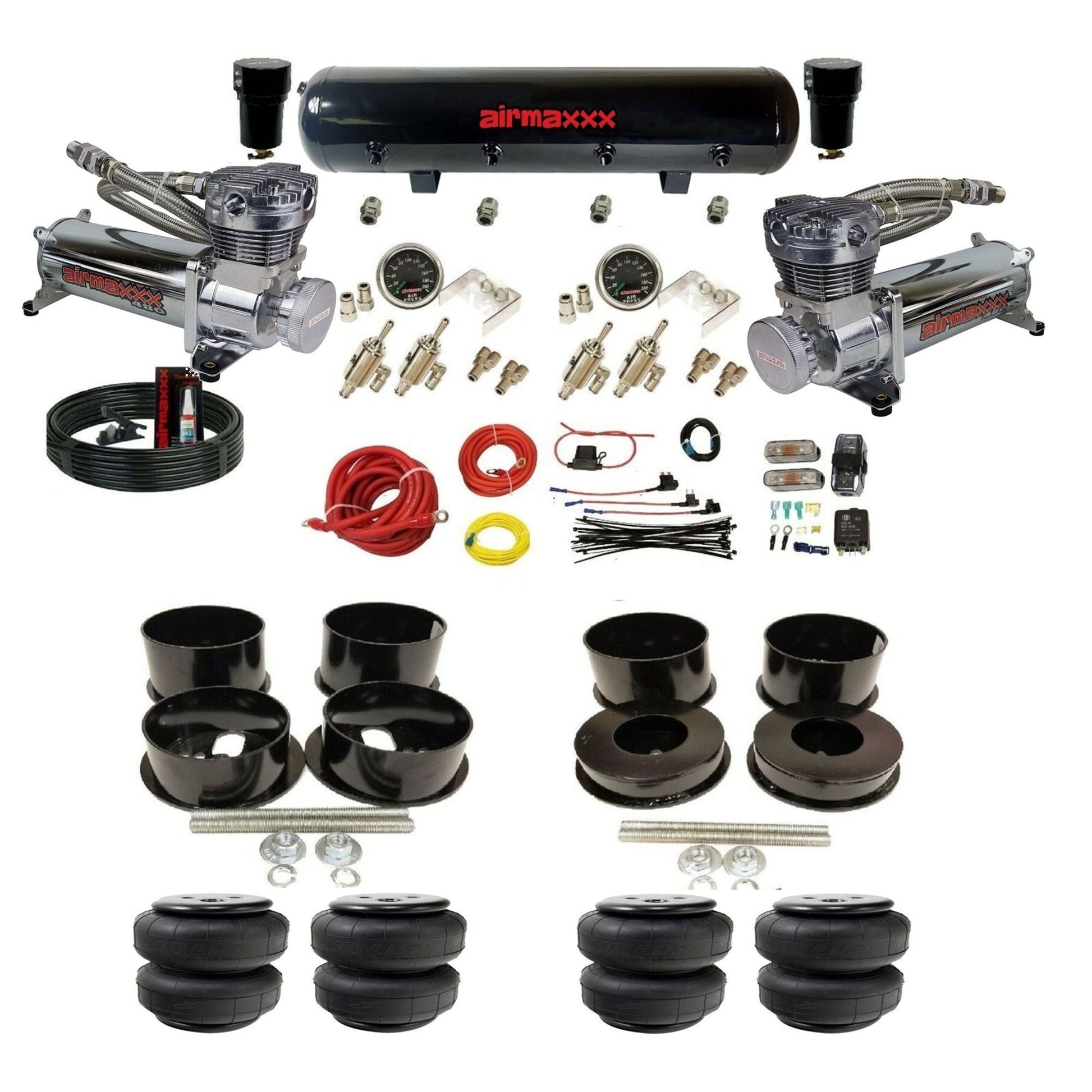 airmaxxx manual 3/8" suspension kit chrome 480 compressors steel air tank Air Lift bags for 1971-96 GM B-Body KBBDY-480C2-59S-4TOG2GA2B-WK-HFD25