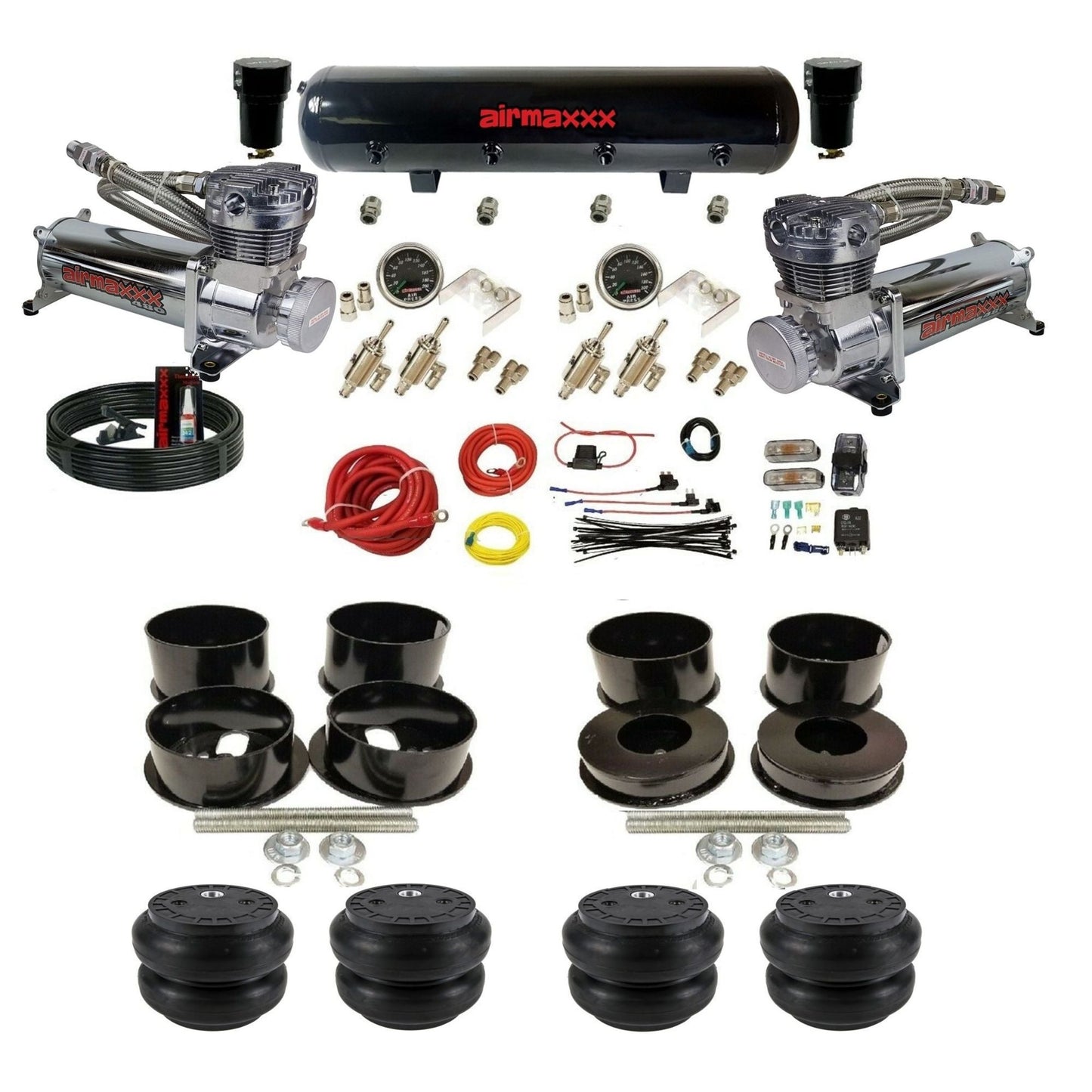 airmaxxx manual 3/8" suspension kit chrome 480 compressors steel air tank Slam bags for 1971-96 GM B-Body KBBDY-480C2-59S-4TOG2GA2B-WK-HFSS7