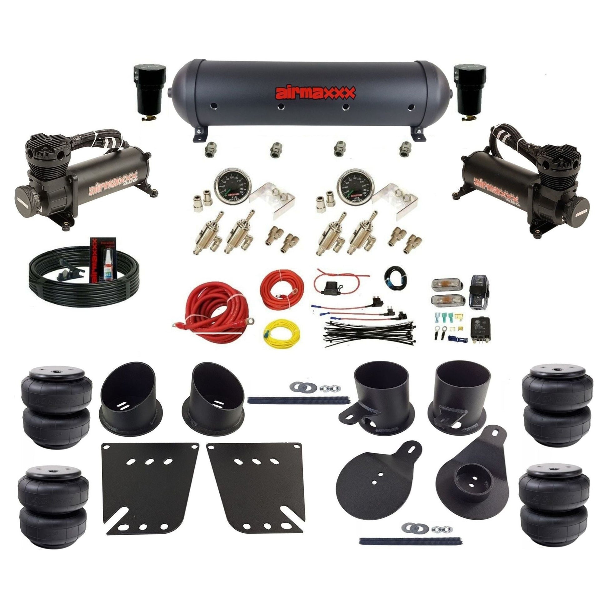 airmaxxx manual air ride kit 480 black air compressors aluminum tank toggle switches Air Lift bags and brackets fits 1958-64 Impala KIMP58-480B2-59ABK-4TOG2GA2B-WK-HFD25