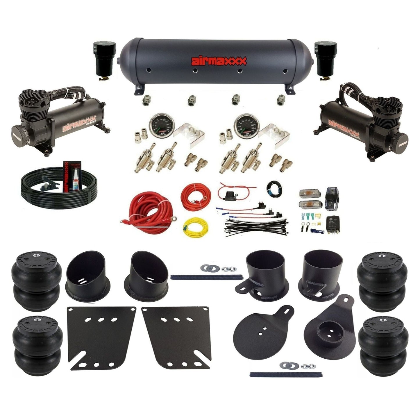 airmaxxx manual air ride kit 480 black air compressors aluminum tank toggle switches Slam bags and brackets fits 1958-64 Impala KIMP58-480B2-59ABK-4TOG2GA2B-WK-HFSS7