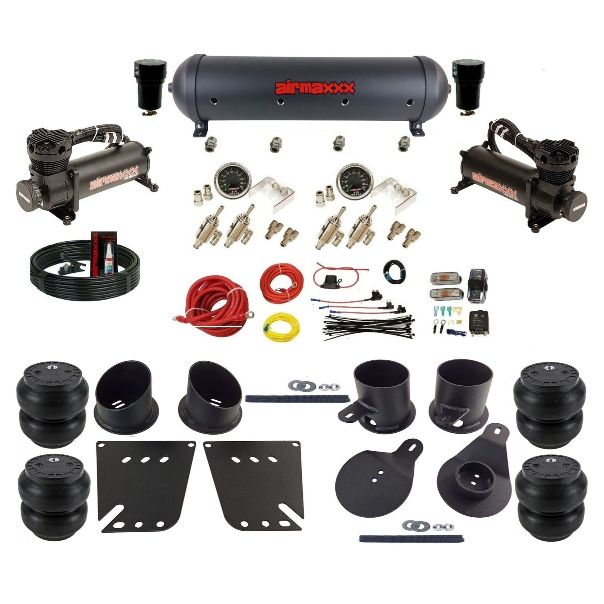 airmaxxx manual air ride kit 480 black air compressors aluminum tank toggle switches Slam bags and brackets fits 1958-64 Impala KIMP58-480B2-59ABK-4TOG2GA2B-WK-HFSS7