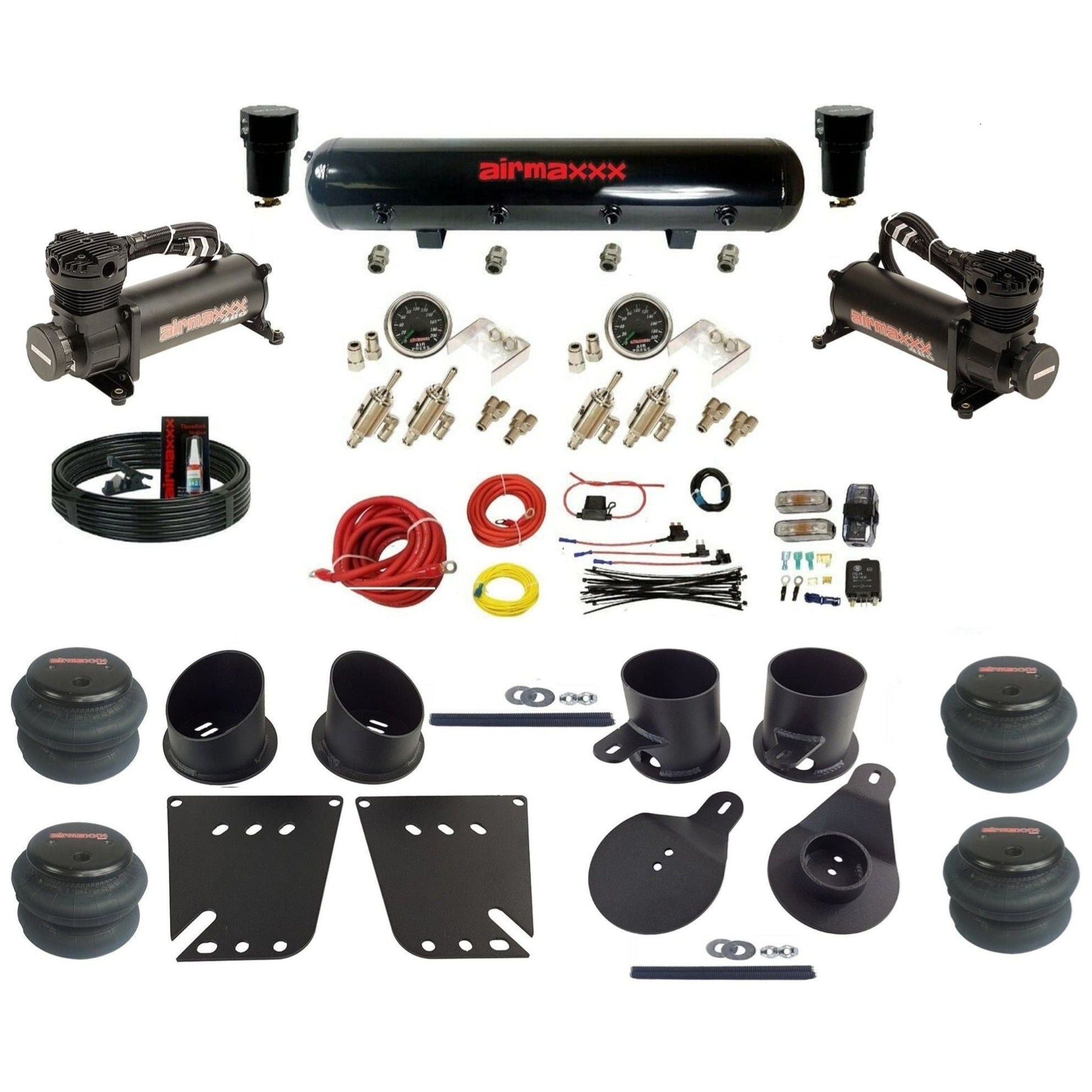 airmaxxx manual air ride kit 480 black air compressors steel tank toggle switches 2600 bags and brackets fits 1958-64 Impala KIMP58-480B2-59S-4TOG2GA2B-WK-HF
