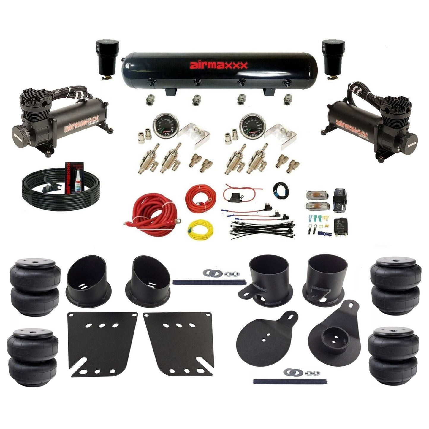 airmaxxx manual air ride kit 480 black air compressors steel tank toggle switches Air Lift bags and brackets fits 1958-64 Impala KIMP58-480B2-59S-4TOG2GA2B-WK-HFD25