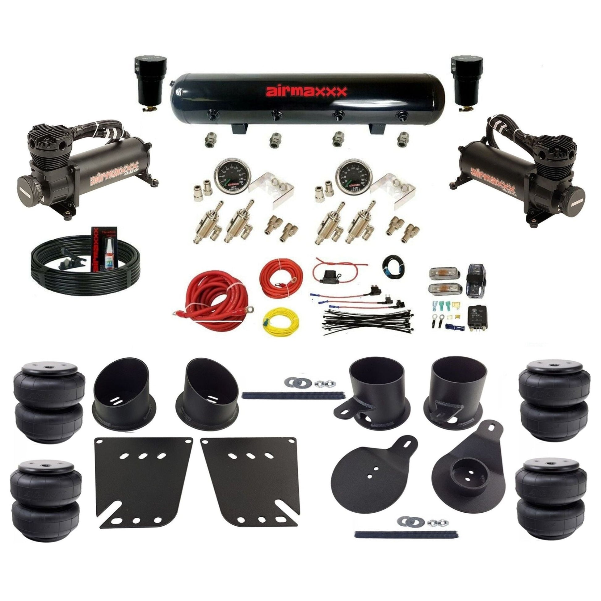 airmaxxx manual air ride kit 480 black air compressors steel tank toggle switches Air Lift bags and brackets fits 1958-64 Impala KIMP58-480B2-59S-4TOG2GA2B-WK-HFD25