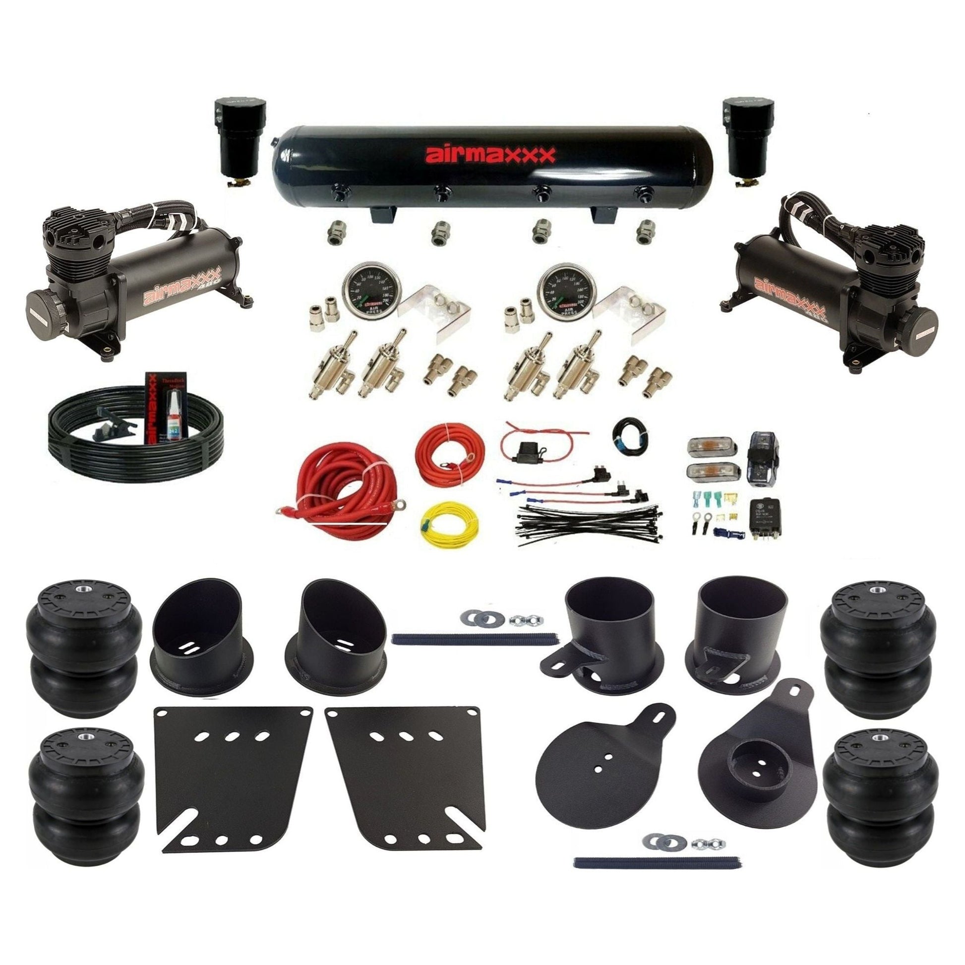 airmaxxx manual air ride kit 480 black air compressors steel tank toggle switches Slam bags and brackets fits 1958-64 Impala KIMP58-480B2-59S-4TOG2GA2B-WK-HFSS7