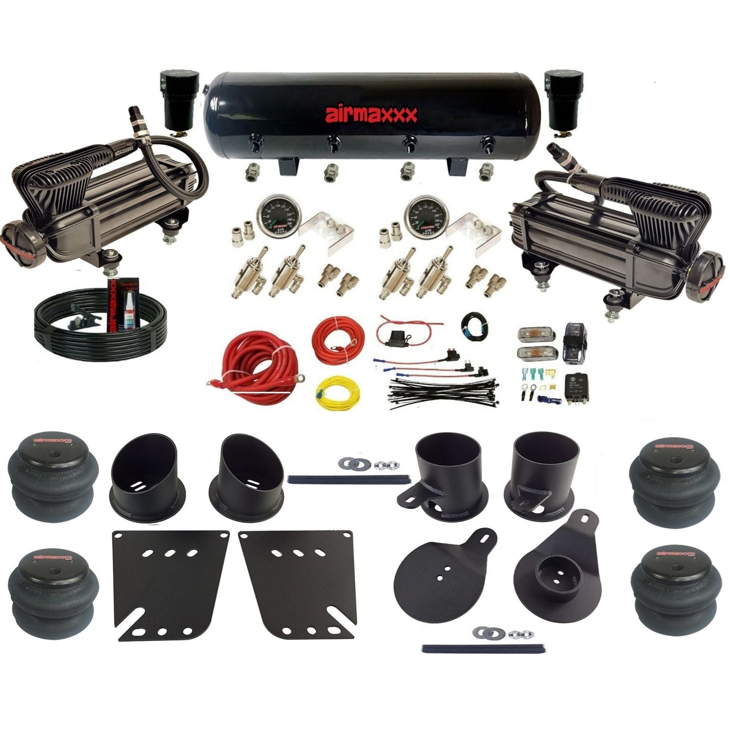 airmaxxx manual air ride kit x-series black air compressor steel tank toggle switches 2600 bags and brackets fits 1958-64 KIMP58-XB2-59S-4TOG2GA2B-WK-HF