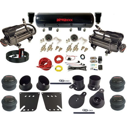 airmaxxx manual air ride kit x-series black air compressor steel tank toggle switches 2600 bags and brackets fits 1958-64 KIMP58-XB2-59S-4TOG2GA2B-WK-HF