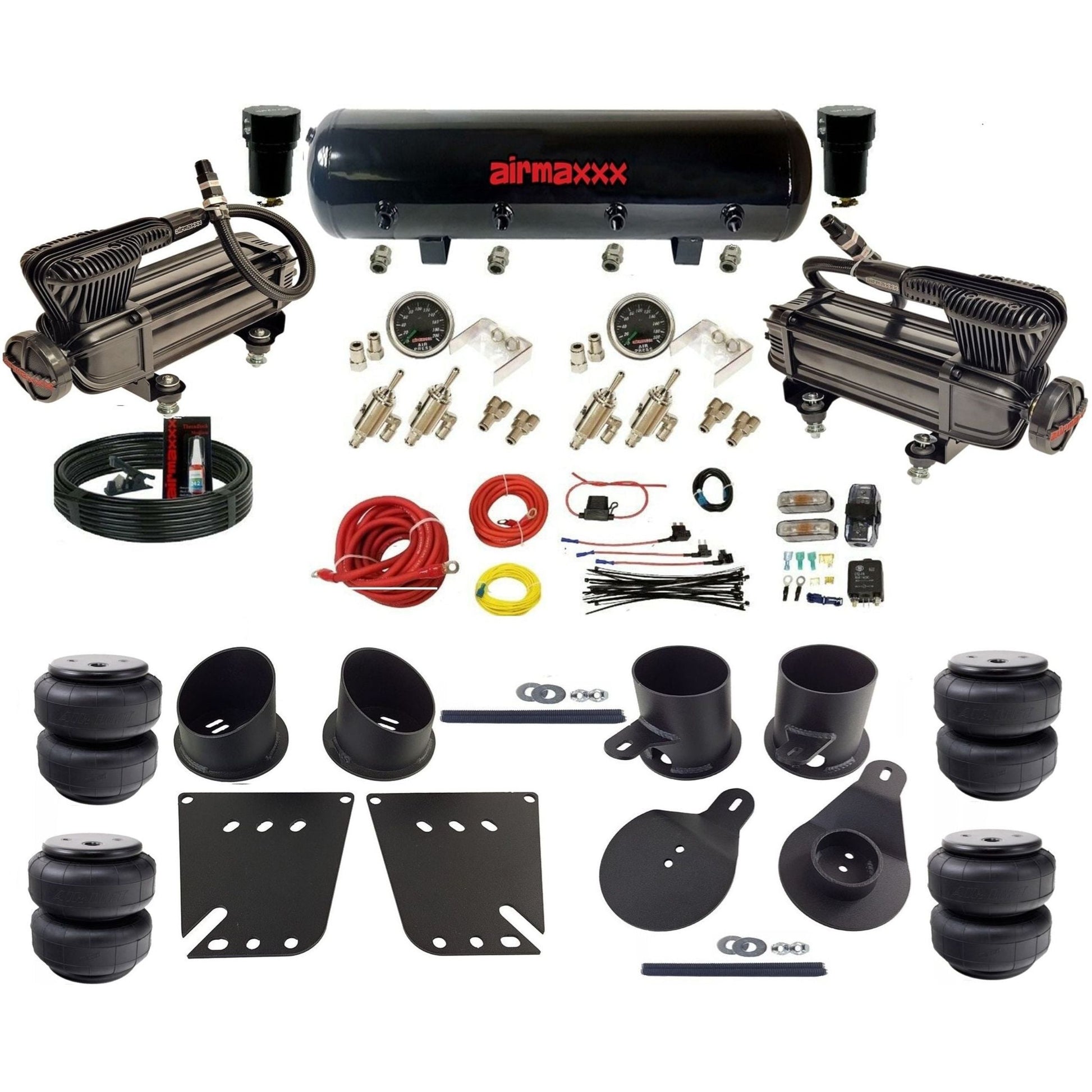 airmaxxx manual air ride kit x-series black air compressor steel tank toggle switches Air Lift bags and brackets fits 1958-64 KIMP58-XB2-59S-4TOG2GA2B-WK-HFD25