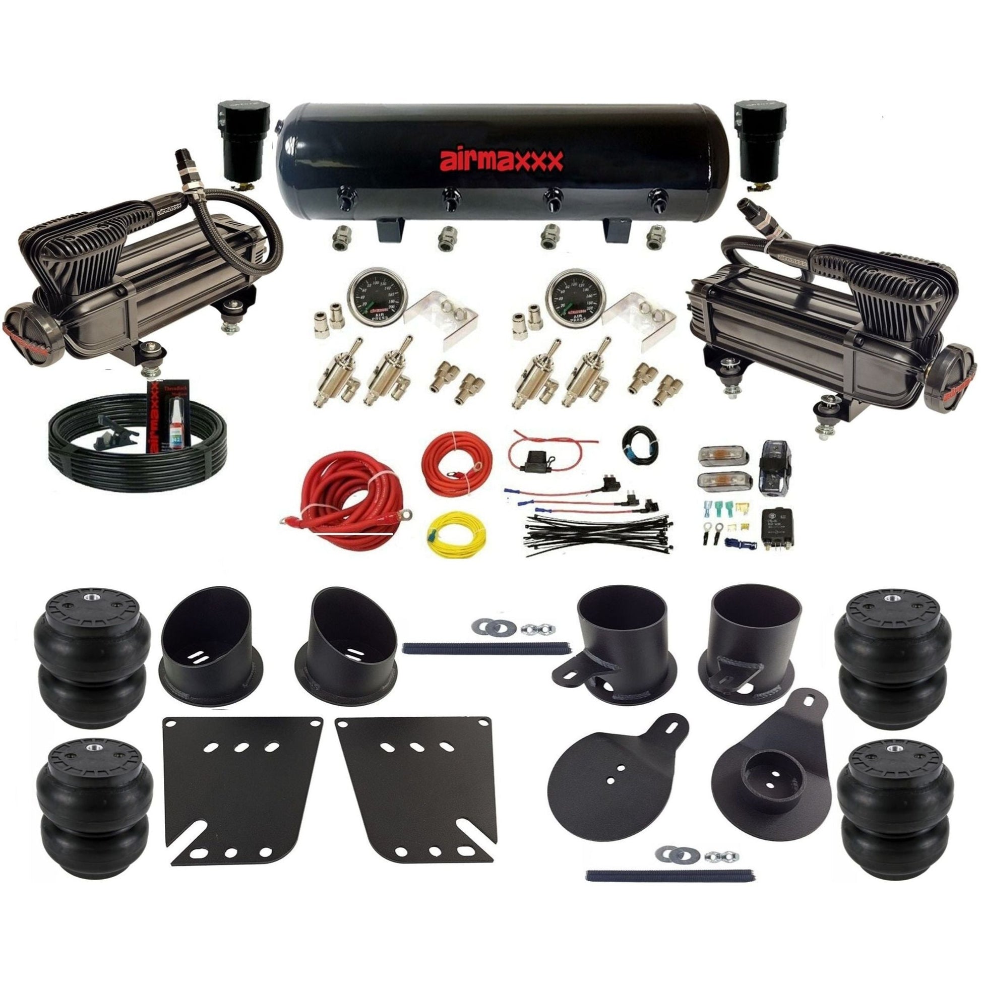 airmaxxx manual air ride kit x-series black air compressor steel tank toggle switches Slam bags and brackets fits 1958-64 KIMP58-XB2-59S-4TOG2GA2B-WK-HFSS7