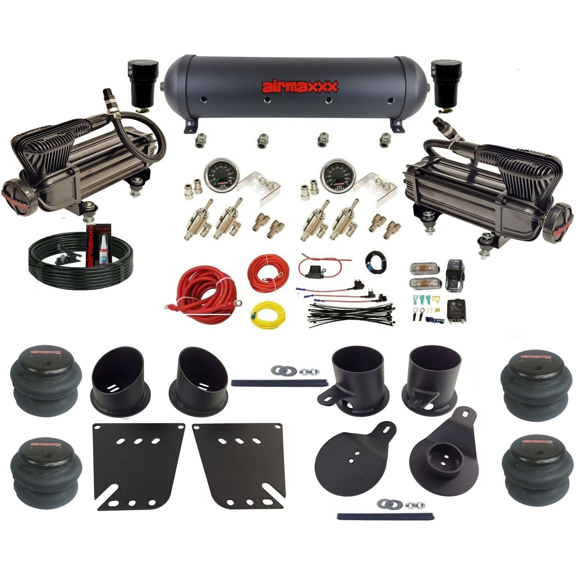 airmaxxx manual air ride kit x-series black air compressors aluminum tank toggle switches 2600 bags and brackets fits 1958-64 Impala KIMP58-XB2-59ABK-4TOG2GA2B-WK-HF