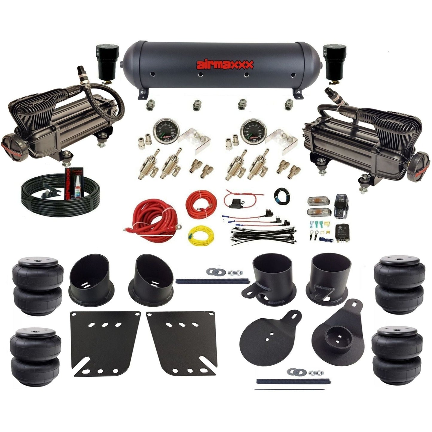 airmaxxx manual air ride kit x-series black air compressors aluminum tank toggle switches Air Lift bags and brackets fits 1958-64 Impala KIMP58-XB2-59ABK-4TOG2GA2B-WK-HFD25